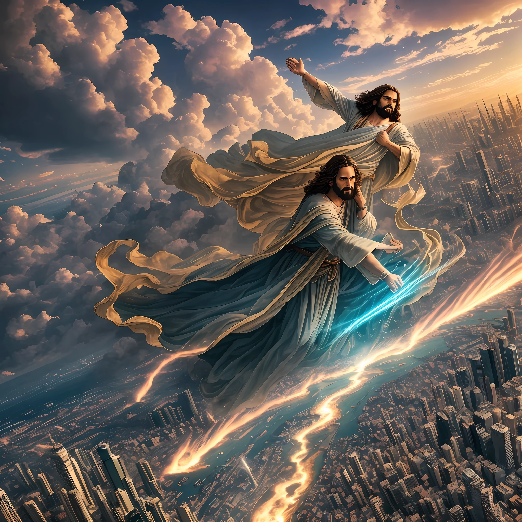 creates an image of jesus returning on earth, with the earth in extreme agony and with countless catastrophes happening, and him coming with power and great glory in the heavens, and everyone seeing him returning, the city being destroyed and everyone lamenting and marveling,8k, uhd, iluminação baixa severa, alta qualidade, foco nitido, fujifilm XT3 --auto --s2