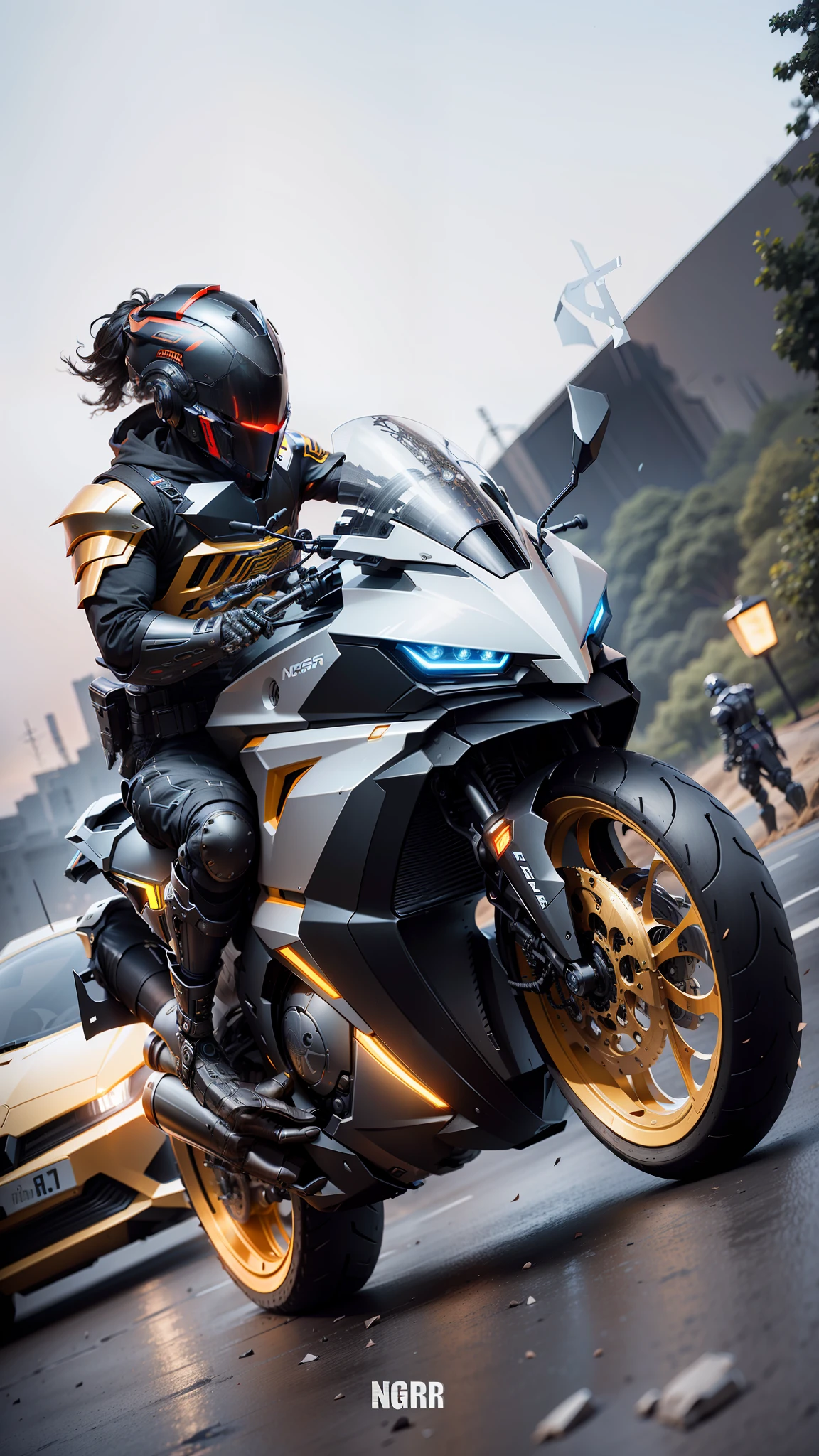 Cyber Knight Cyber Mechanical Motorcycle, Exquisite Black Tech Helmet, Nousr, Biomechanics, MSHN Robot Man, High Tech Helmet, Surreal, Steel, Intricate Design, Crazy Detail, Fine Detail, Extremely Clear Lines, Cinematic Lighting, Photo Realistic, Detailed Masterpiece