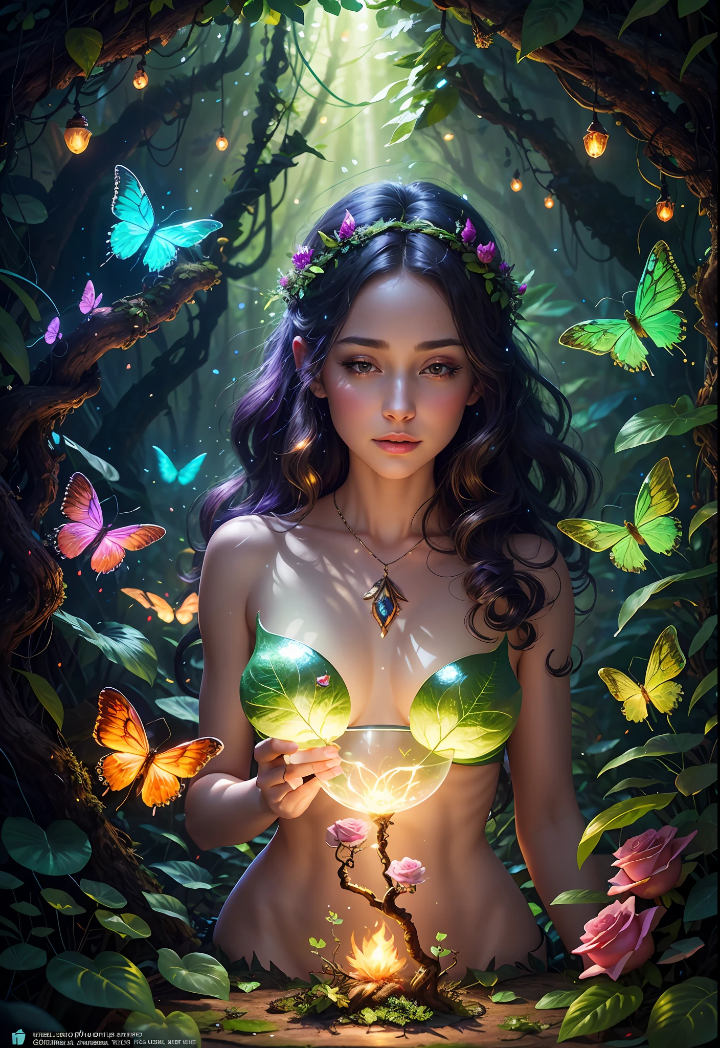 Fantasy in a glass, "ethereal roses, beautiful girls, cute slime animals, glowing little mushrooms surrounded by delicate leaves and branches, and fireflies and glowing particle effects", (natural elements), (jungle theme), (leaves), (branches), (fireflies), butterflies, (delicate leaves), (glow), (particle effects), super realistic, super detailed, dramatic lightning, 4k, masterpiece,