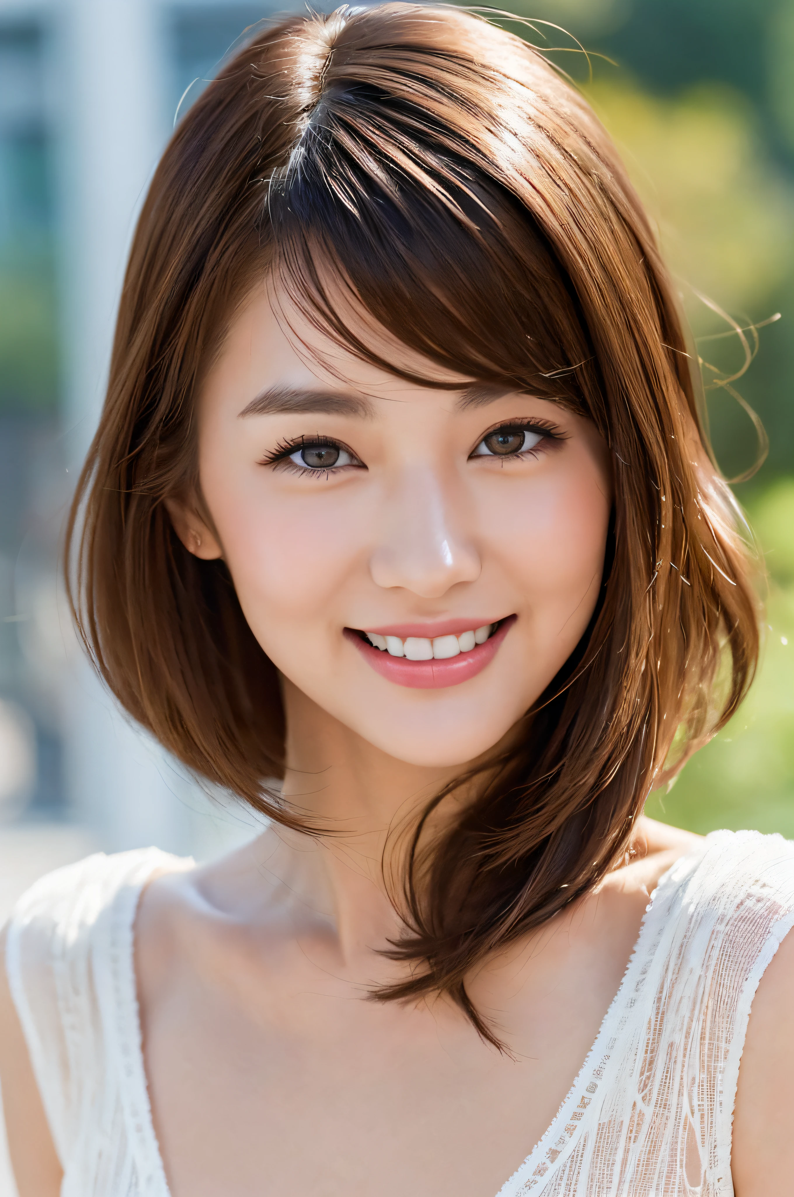 Top quality, realistic, realistic, very detailed, very delicate and beautiful, RAW photos, professional lighting, face lighting, depth of field, single focal, full body, brown hair, , brown eyes, small head, (((big)), fashion girl, beautiful eyes, real face, real skin, realistic face, realistic skin, detailed eyes, (fashionable hairstyle: 1.3) dynamic pose, viewer, detailed face and chest look, 18 year old woman, smiling, walking