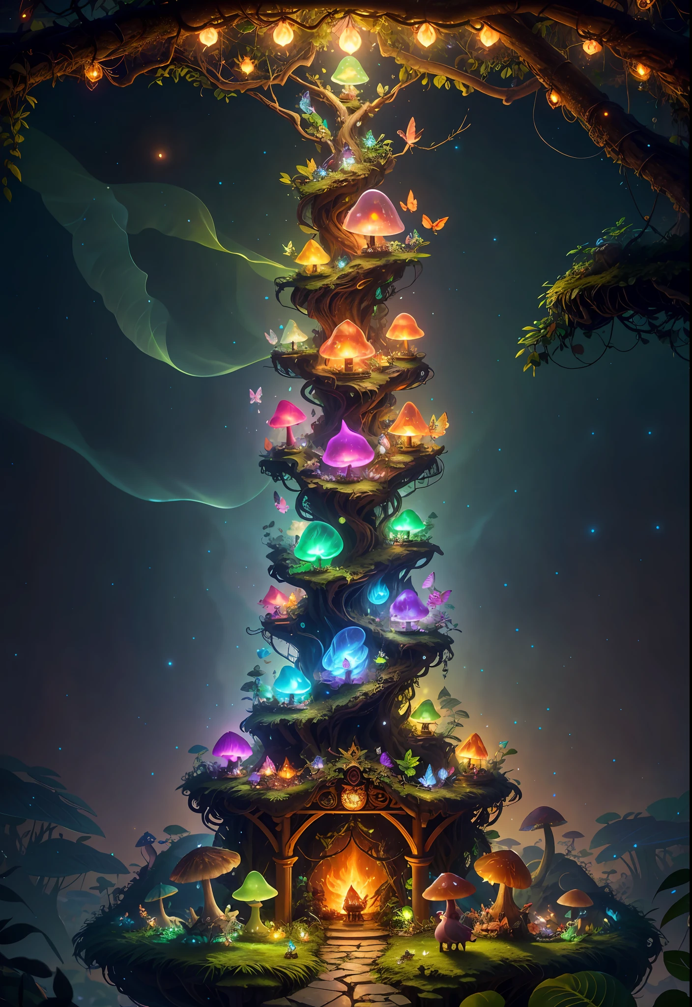 Fantasy in a glass, "ethereal roses, beautiful girls, cute slime animals, glowing little mushrooms surrounded by delicate leaves and branches, and fireflies and glowing particle effects", (natural elements), (jungle theme), (leaves), (branches), (fireflies), butterflies, (delicate leaves), (glow), (particle effects), super realistic, super detailed, dramatic lightning, 4k, masterpiece,