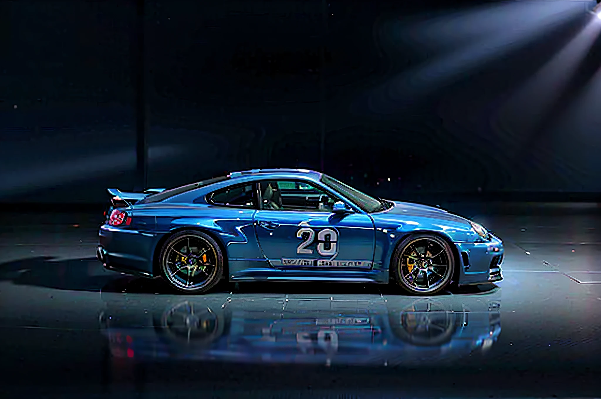 A blue Porsche 911 GTS sitting in a dark room, Porsche 911, Porsche 9 1 1, Porsche 911 in the future engine, Porsche, Porsche, Porsche RSR, desktop background, side contour lens, sports car, sports car, CGI rendering, right silhouette, sports car, 3D side view, 🤬 🤮 💕 🎀