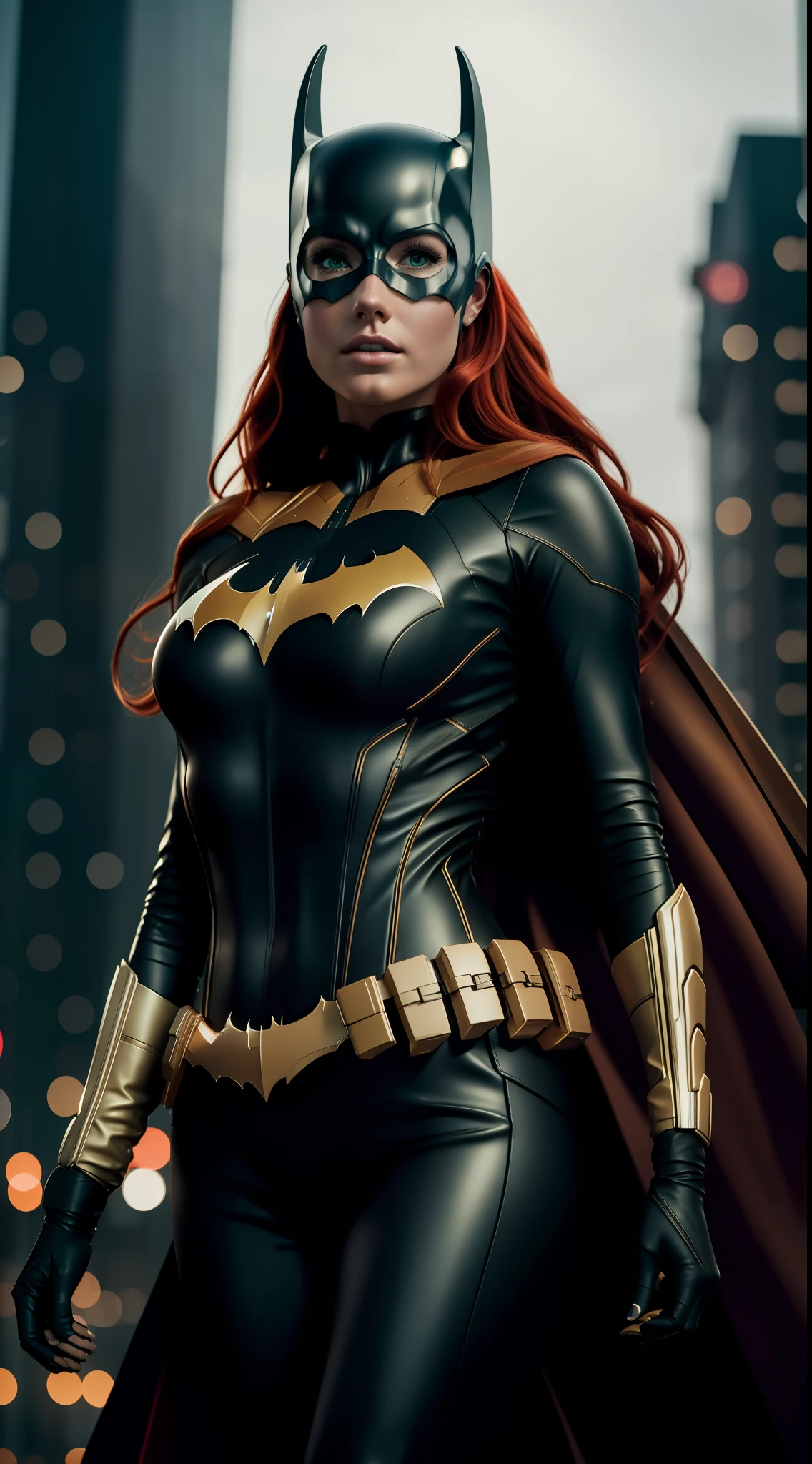 Red-haired woman, beauty, Batgirl clothes, Batgirl cosplay, full body photo, prominent figure, standing on the edge of a skyscraper, night, photo (Masterpiece) (Best quality) (Detail) (8K) (HD) (Wallpaper) (Cinematic lighting) (Sharp focus) (Intricate), sexy, rain, wet, lightning, wind effect, best quality, ultra high resolution, photorealistic, full body portrait, incredibly beautiful,  dynamic poses,