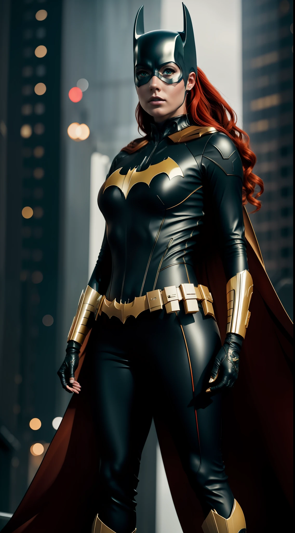 Red-haired woman, beauty, Batgirl clothes, Batgirl cosplay, full body photo, prominent figure, standing on the edge of a skyscraper, night, photo (Masterpiece) (Best quality) (Detail) (8K) (HD) (Wallpaper) (Cinematic lighting) (Sharp focus) (Intricate), sexy, rain, wet, lightning, wind effect, best quality, ultra high resolution, photorealistic, full body portrait, incredibly beautiful,  dynamic poses,