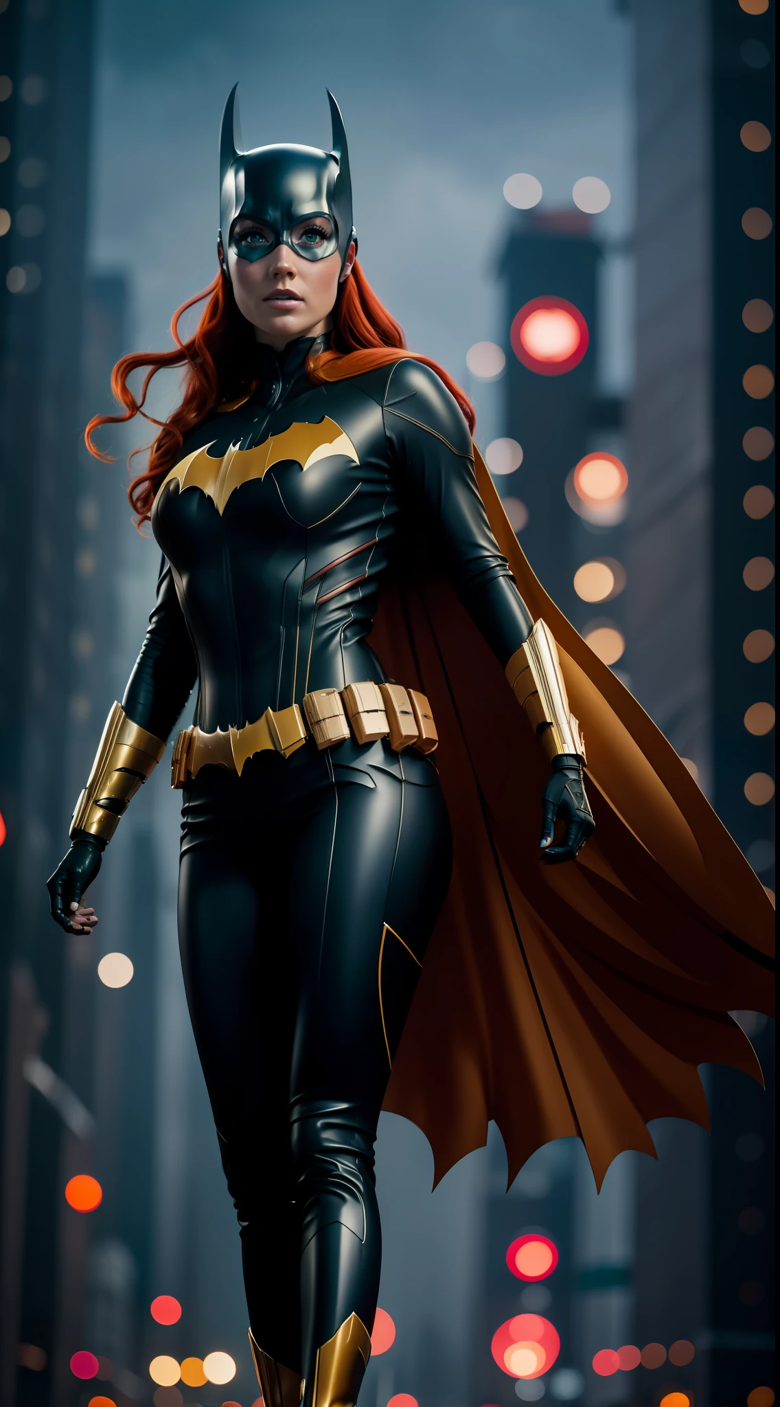 Red-haired woman, beauty, Batgirl clothes, Batgirl cosplay, full body photo, prominent figure, standing on the edge of a skyscraper, night, photo (Masterpiece) (Best quality) (Detail) (8K) (HD) (Wallpaper) (Cinematic lighting) (Sharp focus) (Intricate), sexy, rain, wet, lightning, wind effect, best quality, ultra high resolution, photorealistic, full body portrait, incredibly beautiful,  dynamic poses,