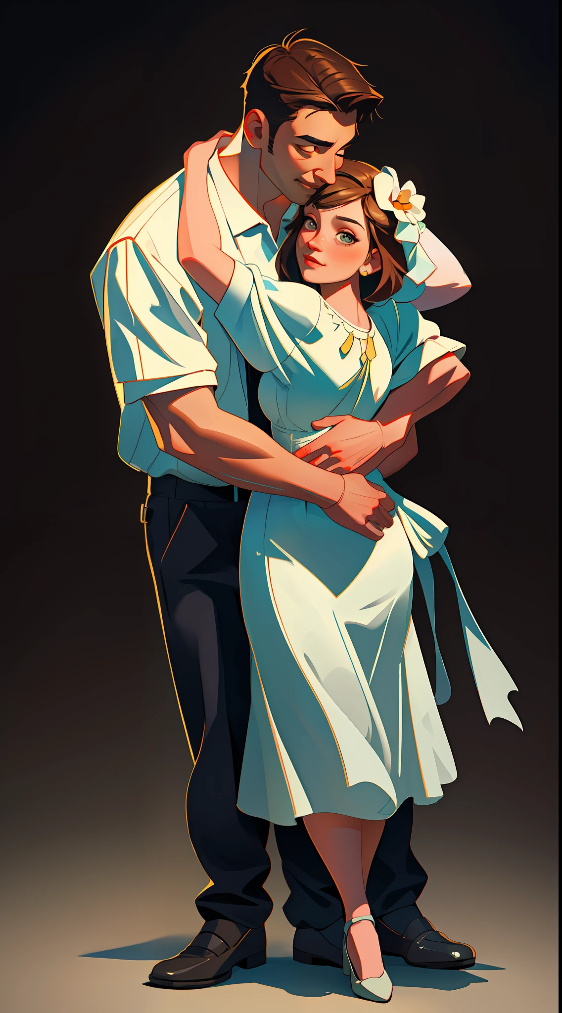 photorealistic, (hyperrealistic:1.2), beautiful, masterpiece, best quality, extremely detailed face, perfect lighting, full body, wife hugs husband, husband wife, husband surprise face, male-female, full body, boy girl, hugging tightly