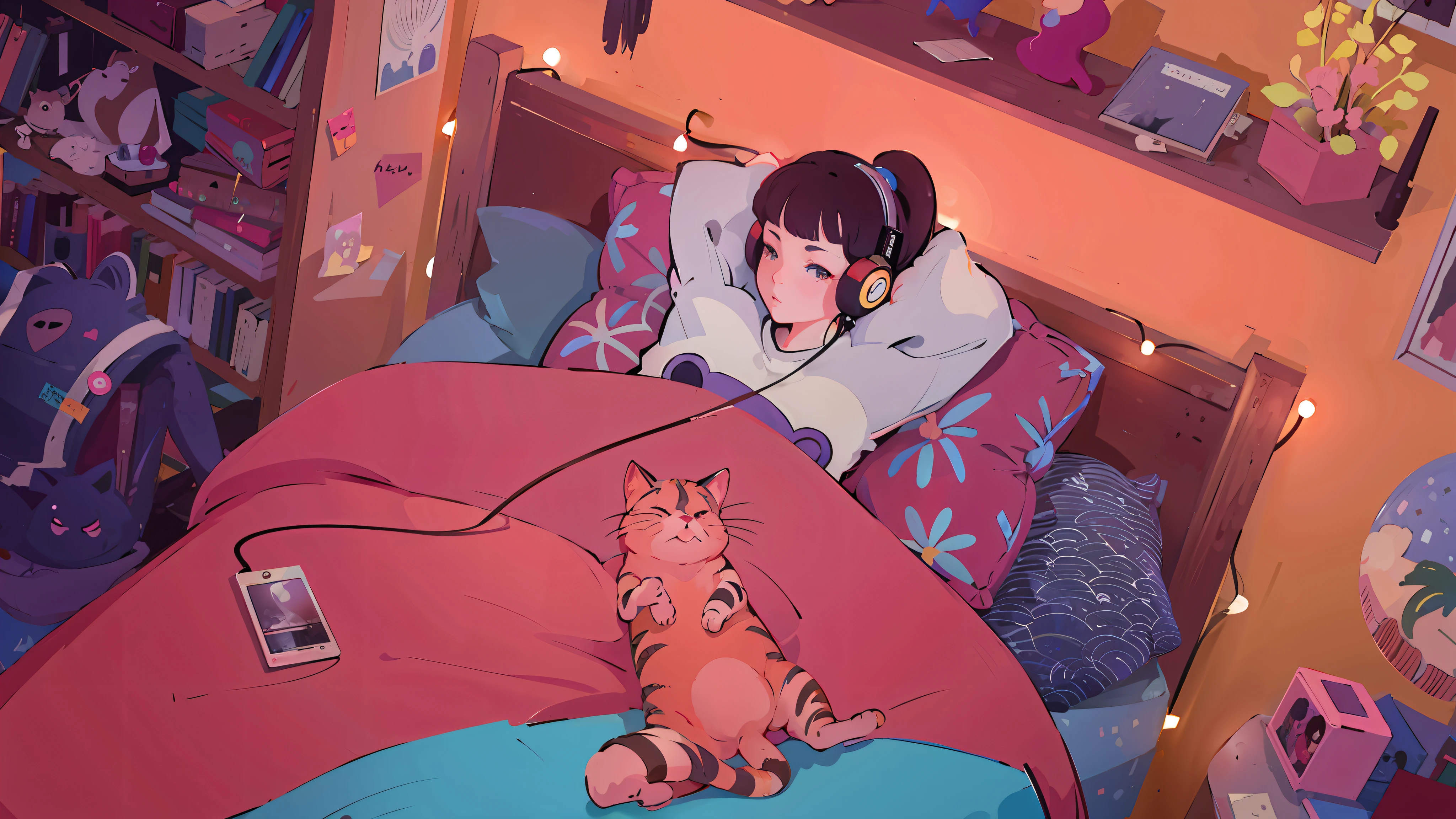 anime girl lying on bed with headphones and cat lying on bed, lofi girl, lofi art, lofi artstyle, lofi feel, lofi, lofi girl aesthetic, lofi vibe, lofi aesthetic, lofi vibes, lofi colors, lofi portrait, ghibli e ilya kuvshinov, lofi hip hop