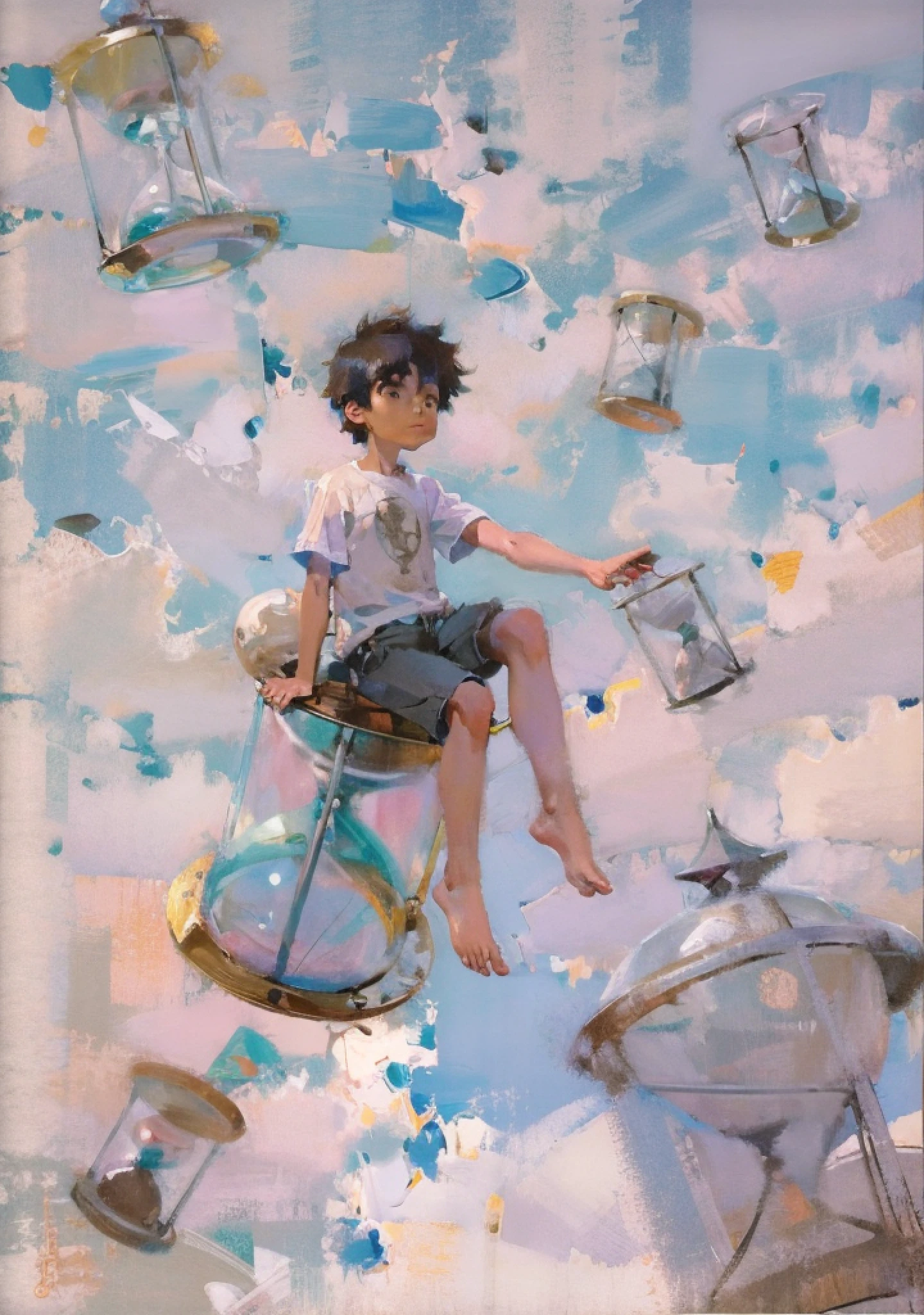 Boy, sky, sitting on an hourglass, clouds, barefoot,
