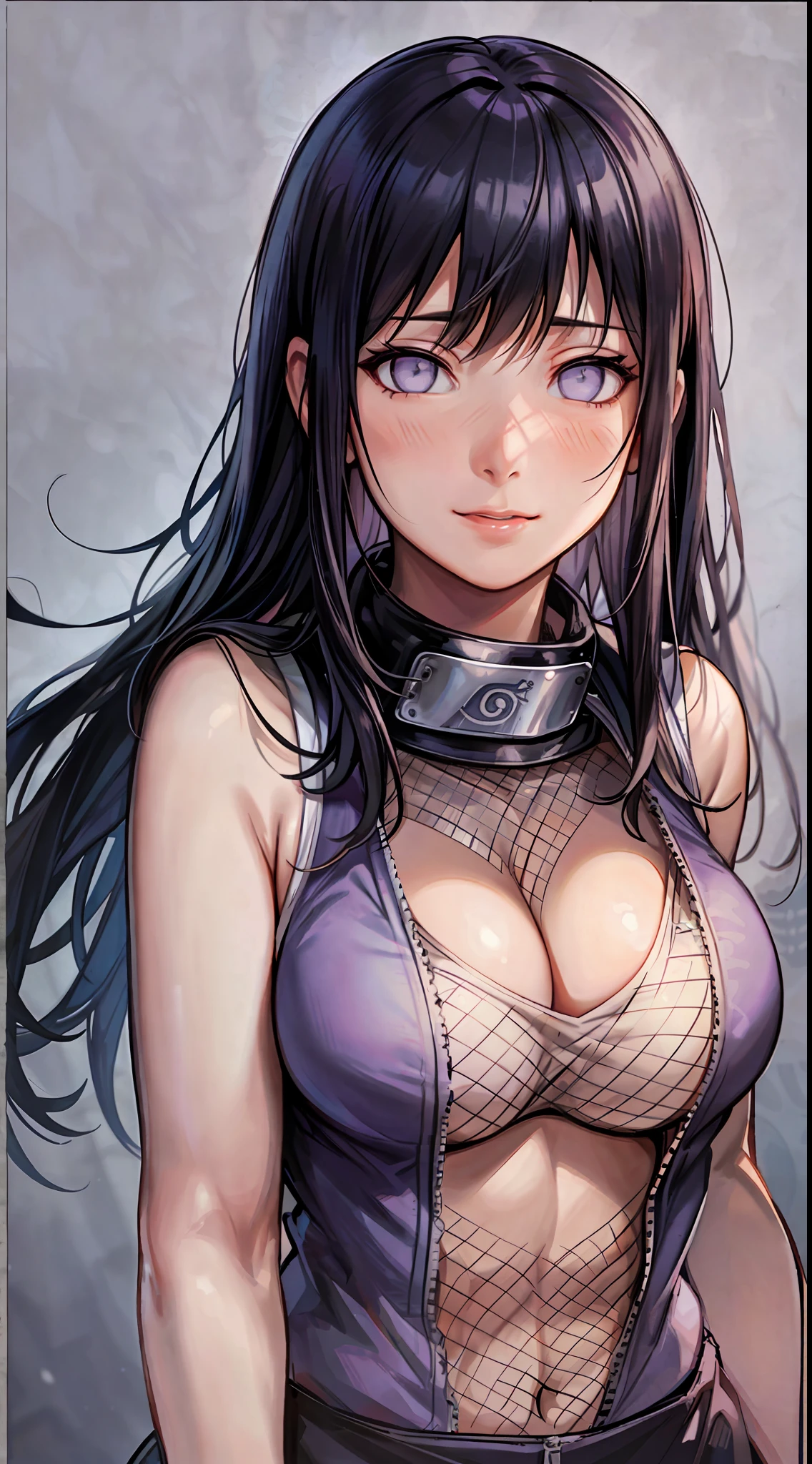 Masterpiece, highres, high Quality, detailed face, detailed body render, 1girl, solo, hyuuga hinata, hinata-sleeveless-outfit, large breasts, big breast, sleeveless shirt, fishnet top, dark lips, unzipped jacket, no bra, breasts out, nipple, standing, blushes, (on bedroom)