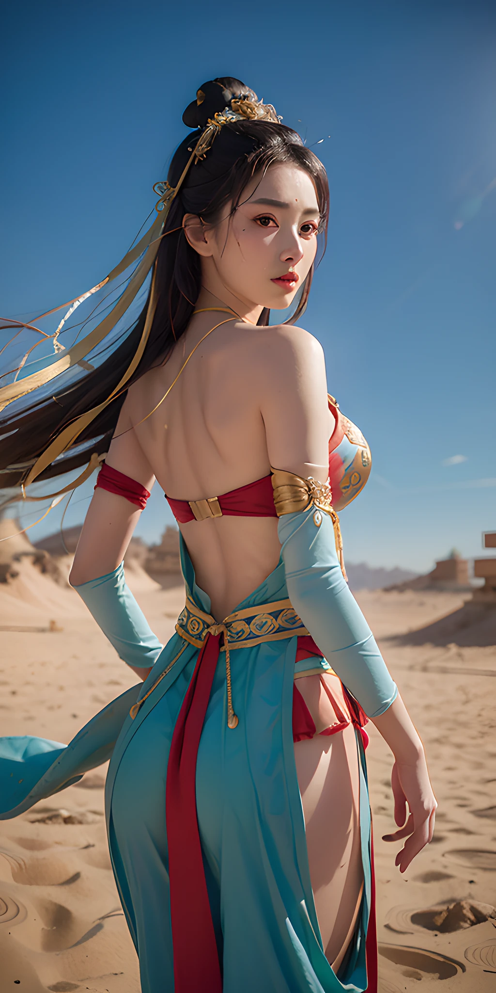 1girl, Dunhuang flying costume, messy long hair, ji jian, Dunhuang style, a lot of smoke, exquisite, elegant colors, (realistic, high detail, masterpiece, super detail, dynamic angle, mural background, ink, amazing, movie lighting, illustration, chiaroscuro, backlight, god ray, lotus, lotus, best quality, best quality, anatomically correct, surrealism, drop shadow, anaglyph, stereogram, tachi-e, pov, atmospheric perspective, 8k, super detail, ccurate, best quality, anatomically correct, high details, best quality, high quality, highres