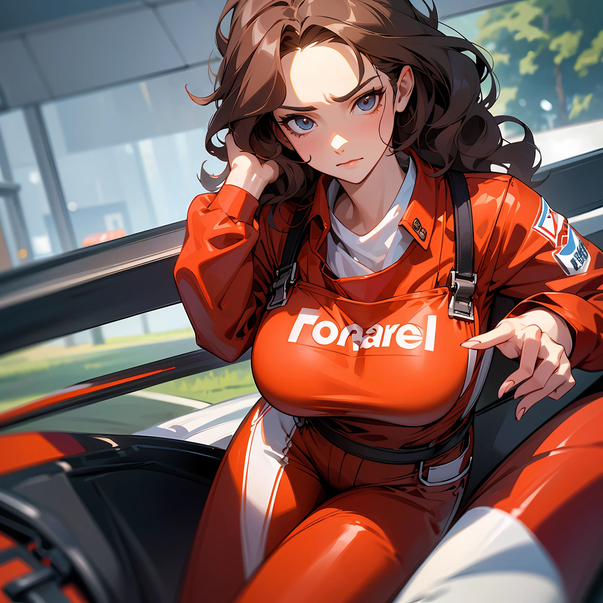 nsfw:1.3, masterpiece, best quality, high quality, high definition, high quality texture, high quality shadow, high detail, beautiful detailed, finely detailed, cg extremely detailed, detailed texture, realistic facial expression, realistic, colorful, delicate, cinematic Light, Side Lighting, Lens Flare, Ray tracing, Sharp focus, (1girl, __focus__:1.3), (intricate details, makeup, PureErosFace_V1:0.5), woman (racing driver, wavy hair, long legs, medium breasts, sensual), wearing red racing overalls, pose (imposing), expression (serious), Formula 1 car, street with forest behind --auto --s2
