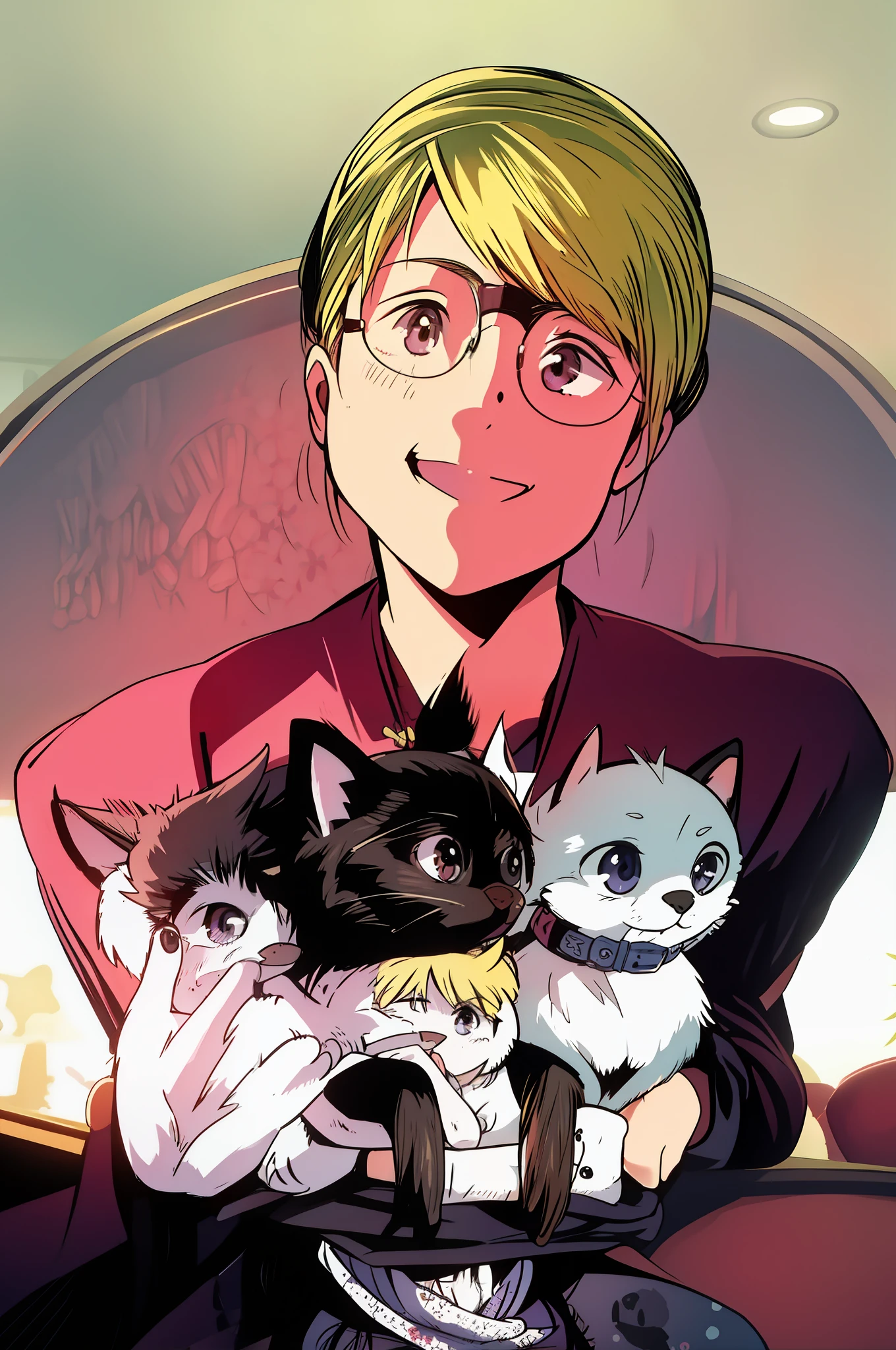 there is a blonde woman wearing glasses and holding three chihuhauas in her arms and smiling, chihuhauas, by Nándor Katona, malika favre, by Miroslava Sviridova, by Judith Gutierrez, by Amelia Peláez, by Nishida Shun'ei, by Verónica Ruiz de Velasco, Nancy Grossman, Fernanda Suarez, high quality portrait, white background, cute!!