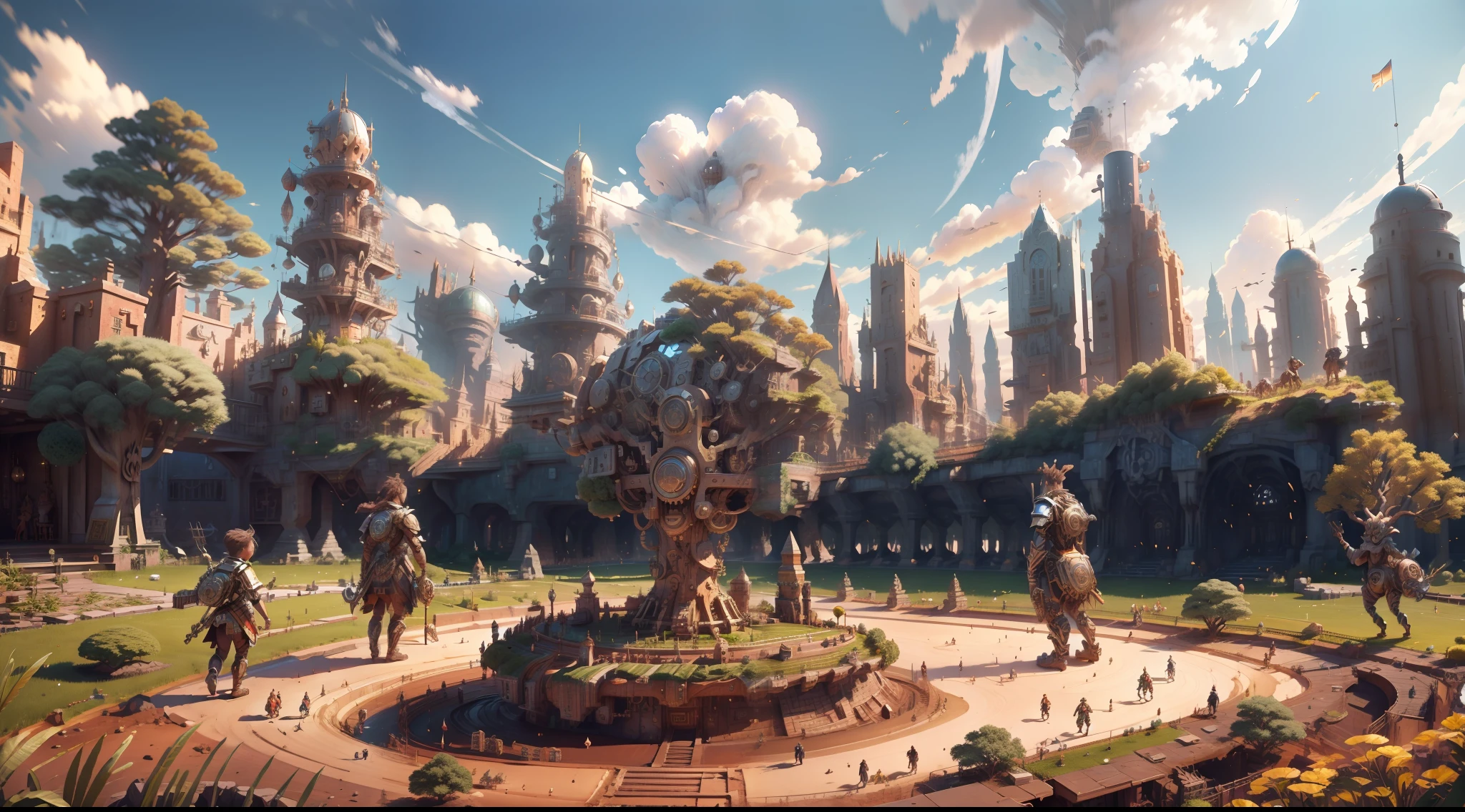 (Supremacism: 1.5), in spring, a group of children playing in the garden of giants, panorama, very detailed, best quality, 4k, cinematic lighting effects,