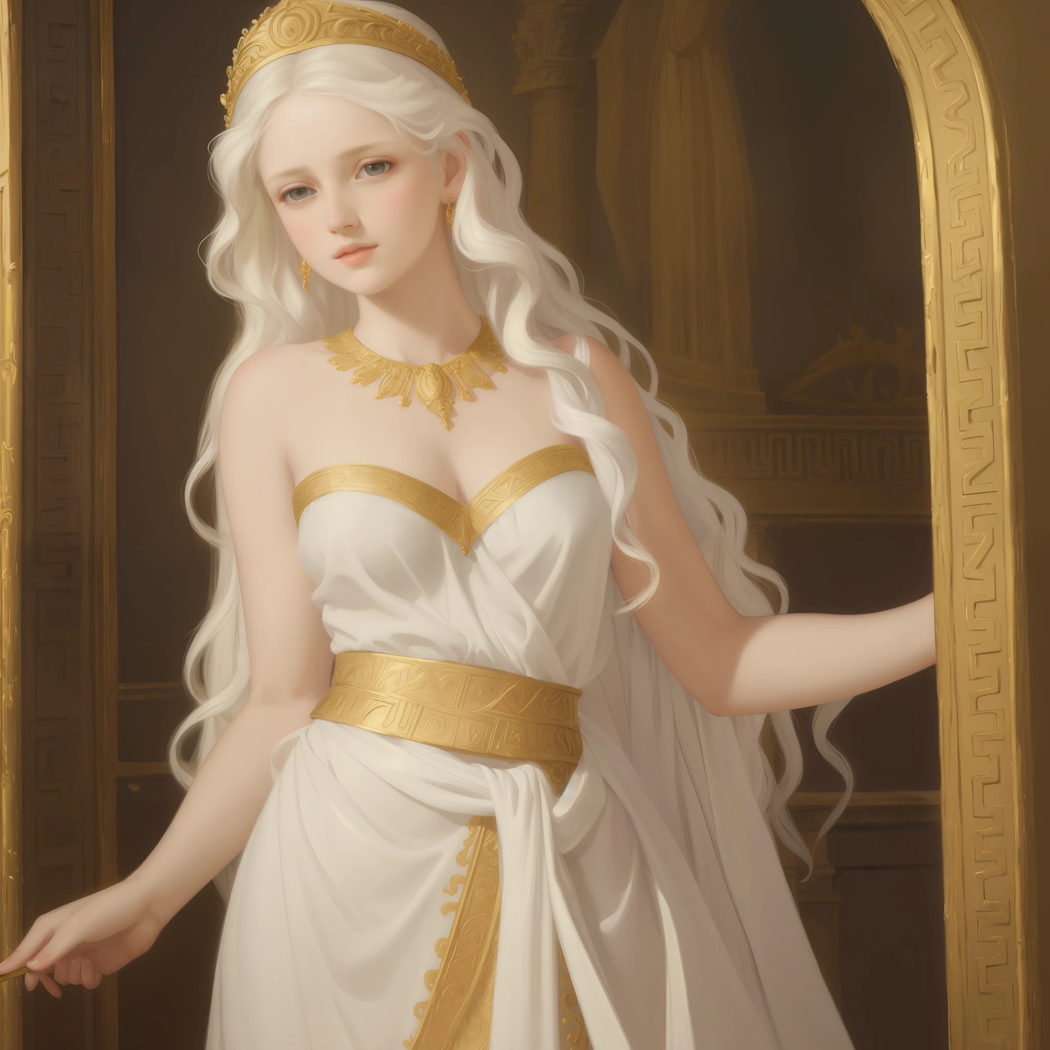 1girl, beautiful teenage girl, beautiful 13 year old girl, very small breasts, long wavy white hair, thin jaw, large white sash covering breasts, golden decorations, portrait, oil painting, realistic proportions, intricate, intricate details, sharp focus, beautiful female body, classical painting, outside, greek temple