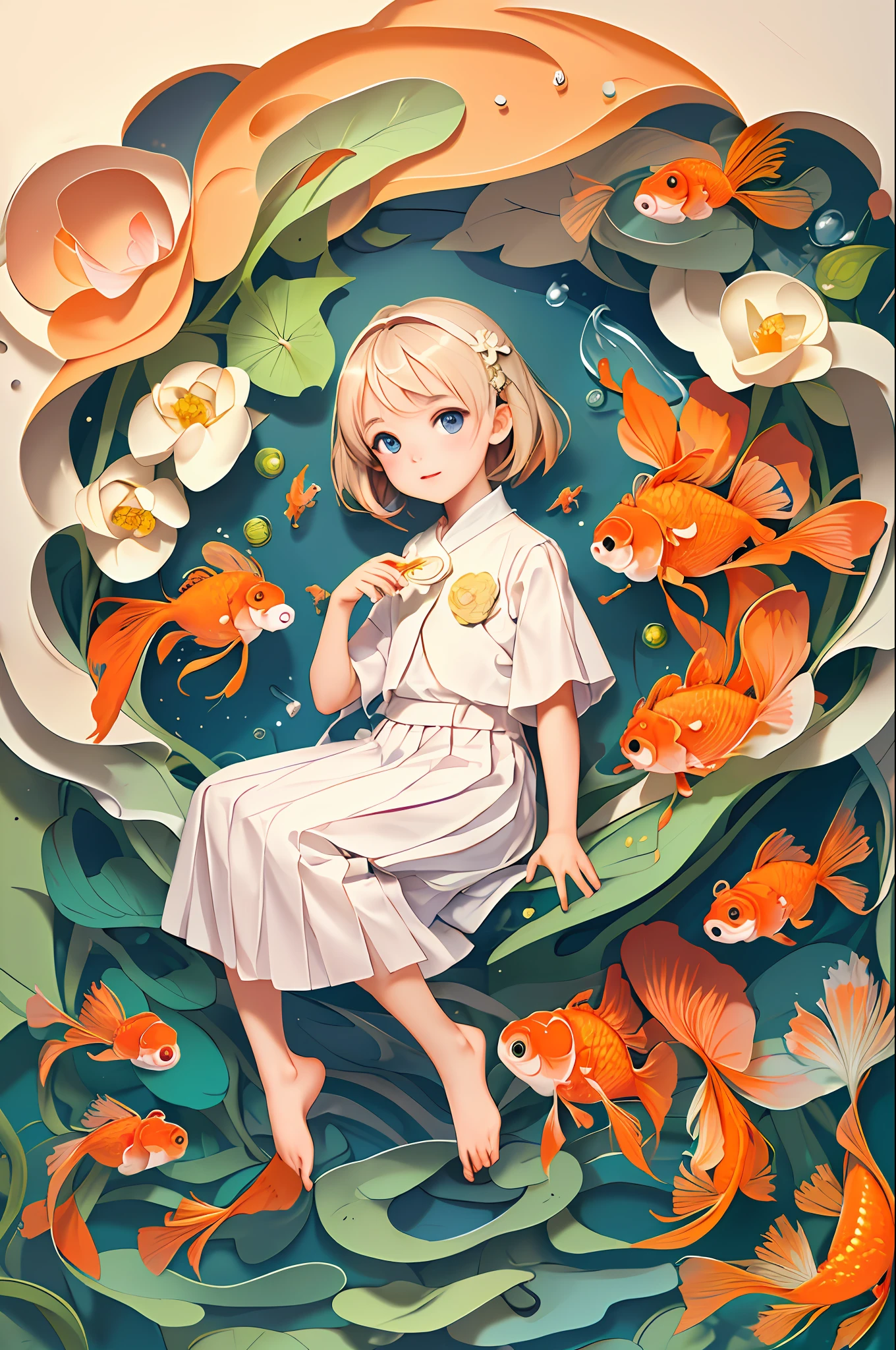 (Masterpiece), Best Quality, Illustration, Beautiful Details Glow, 1 Cute  Girl, Cute Facial Features, Solo, Full Body, White Cloth, Lotus, (Goldfish), Unified 8k wallpaper, detailed, beautiful and aesthetic