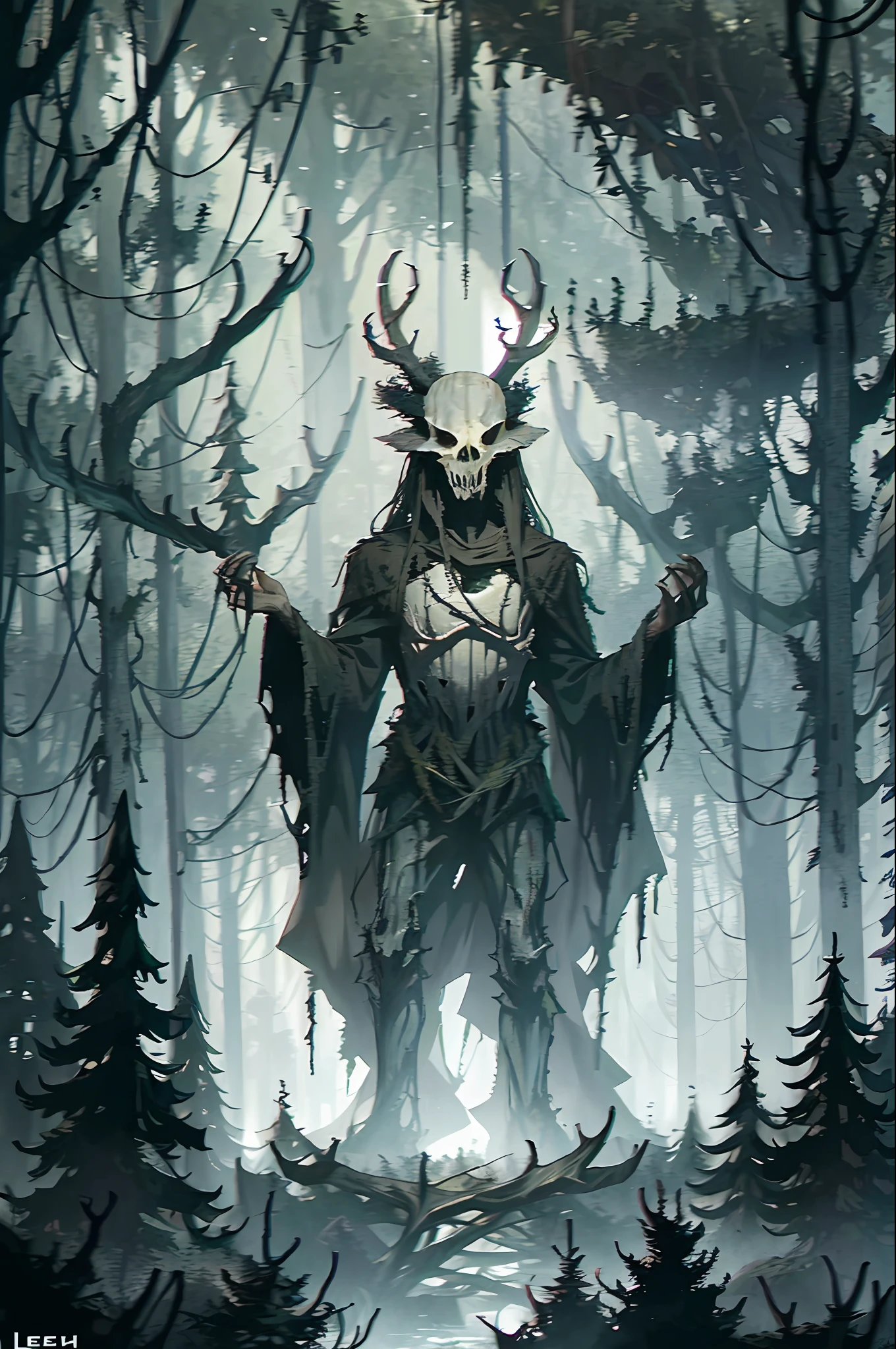 (leshy:1.5), (dark forest), tall trees, grayscale, ((horror)), ((masterpiece)), creepy, (shadowy figure), bipedal, (realistic), (monster), deity, (antlers), (deer skull)