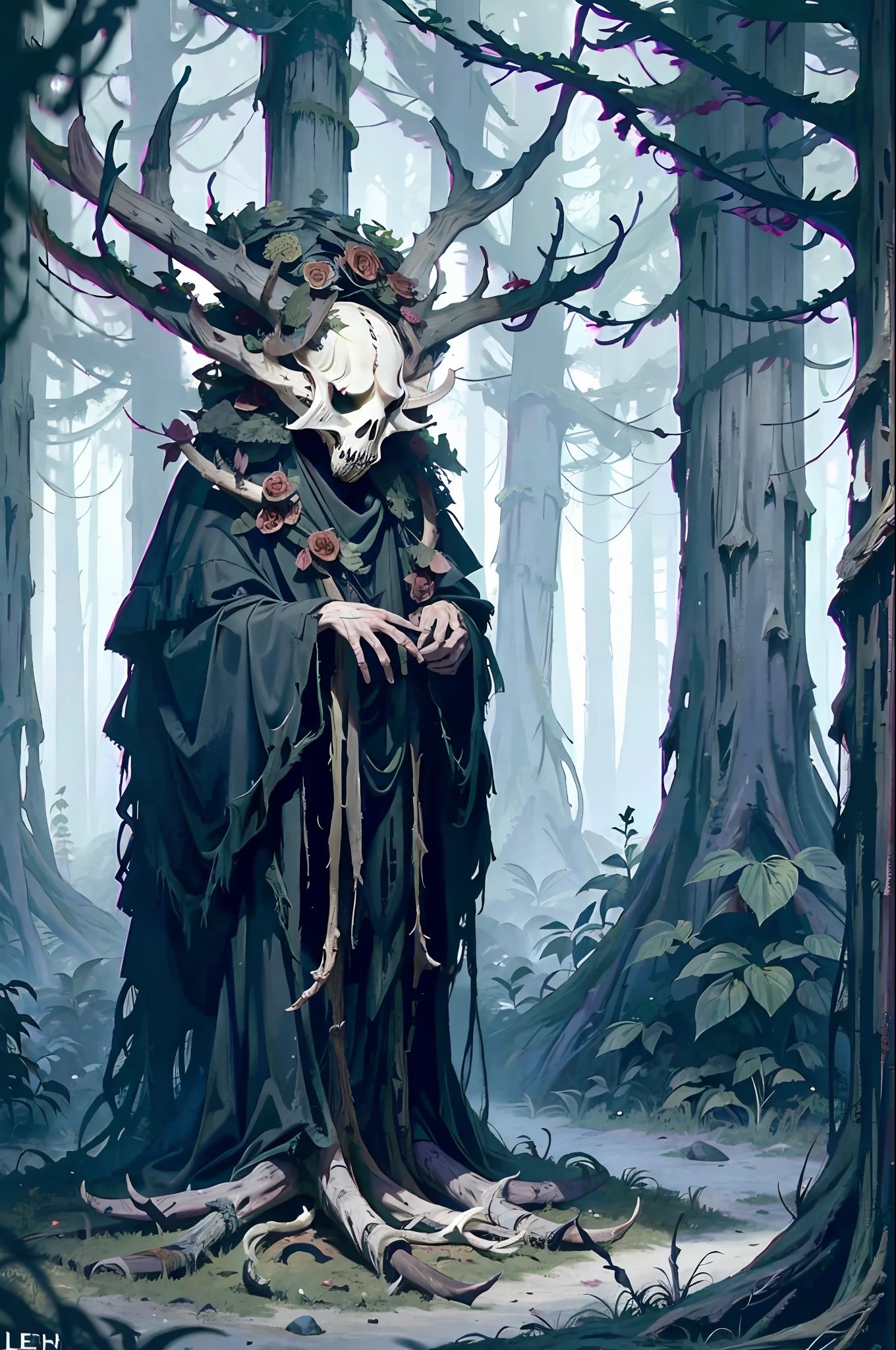 (leshy:1.5), (dark forest), tall trees, grayscale, ((horror)), ((masterpiece)), creepy, (shadowy figure), bipedal, (realistic), (monster), deity, (antlers), (deer skull)