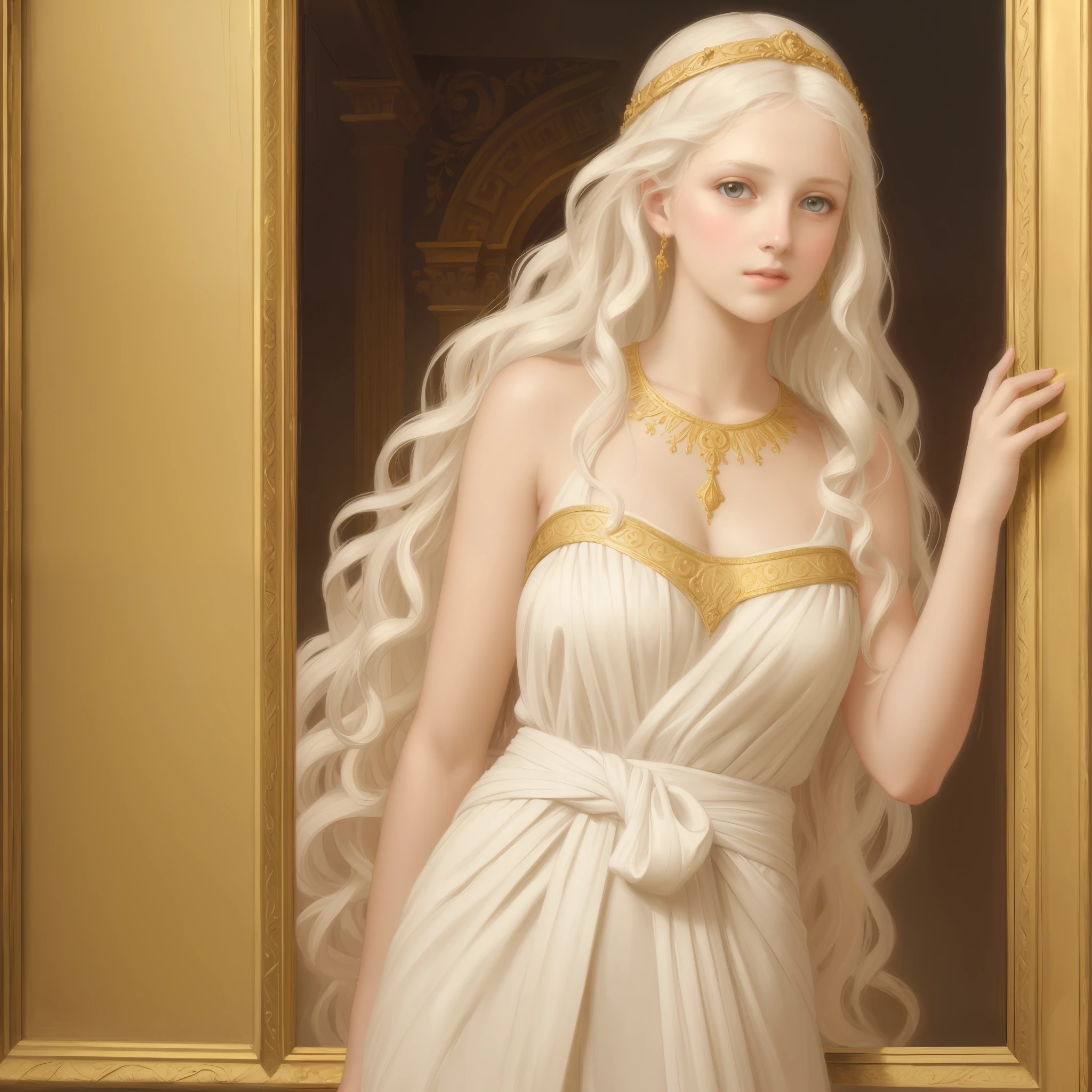 1girl, beautiful teenage girl, beautiful 13 year old girl, very small breasts, long wavy white hair, thin jaw, large white sash covering breasts, golden decorations, portrait, oil painting, realistic proportions, intricate, intricate details, sharp focus, beautiful female body, classical painting, outside, greek temple