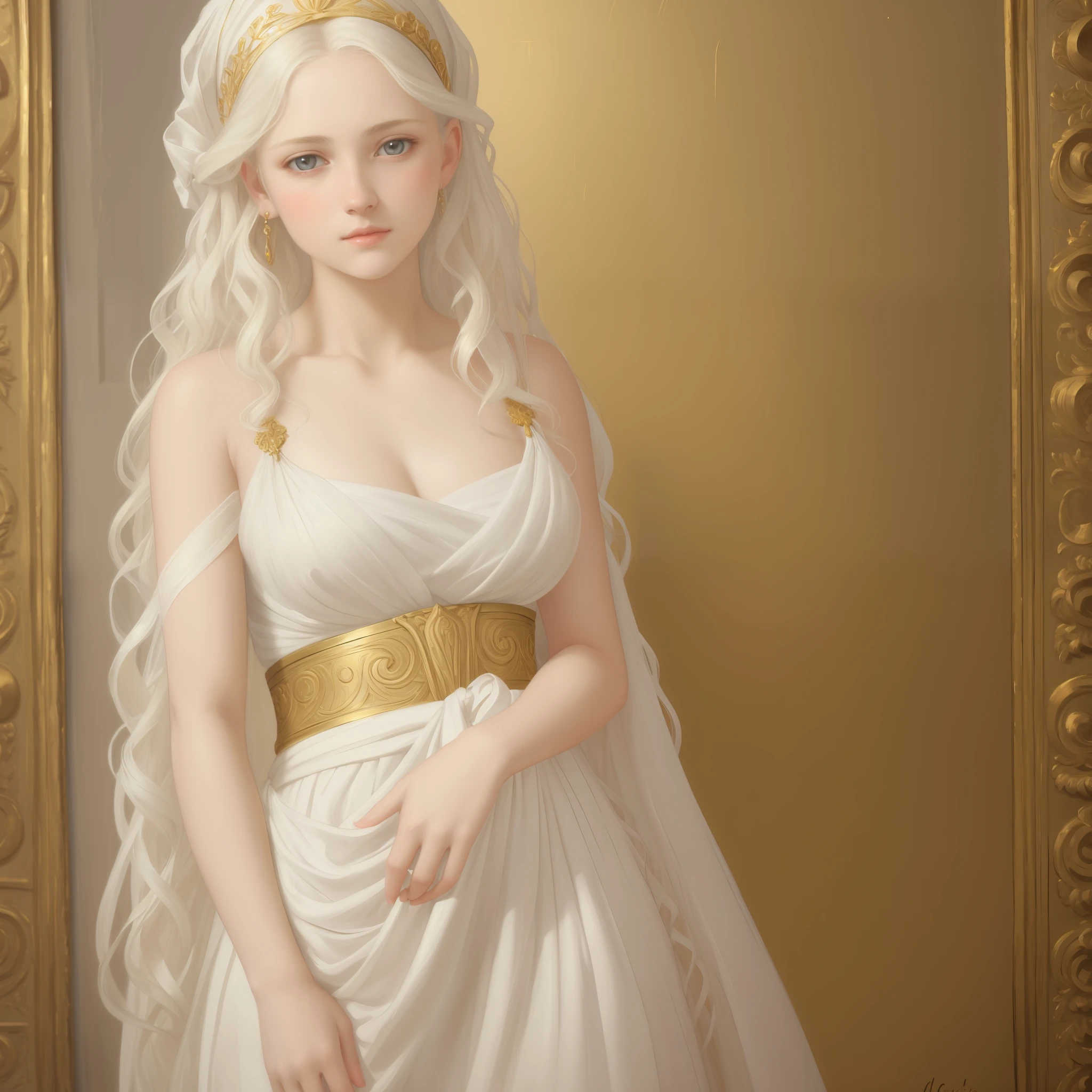 1girl, beautiful teenage girl, beautiful  girl, very small breasts, long wavy white hair, thin jaw, large white sash covering breasts, golden decorations, portrait, oil painting, realistic proportions, intricate, intricate details, sharp focus, beautiful female body, classical painting, outside, greek temple