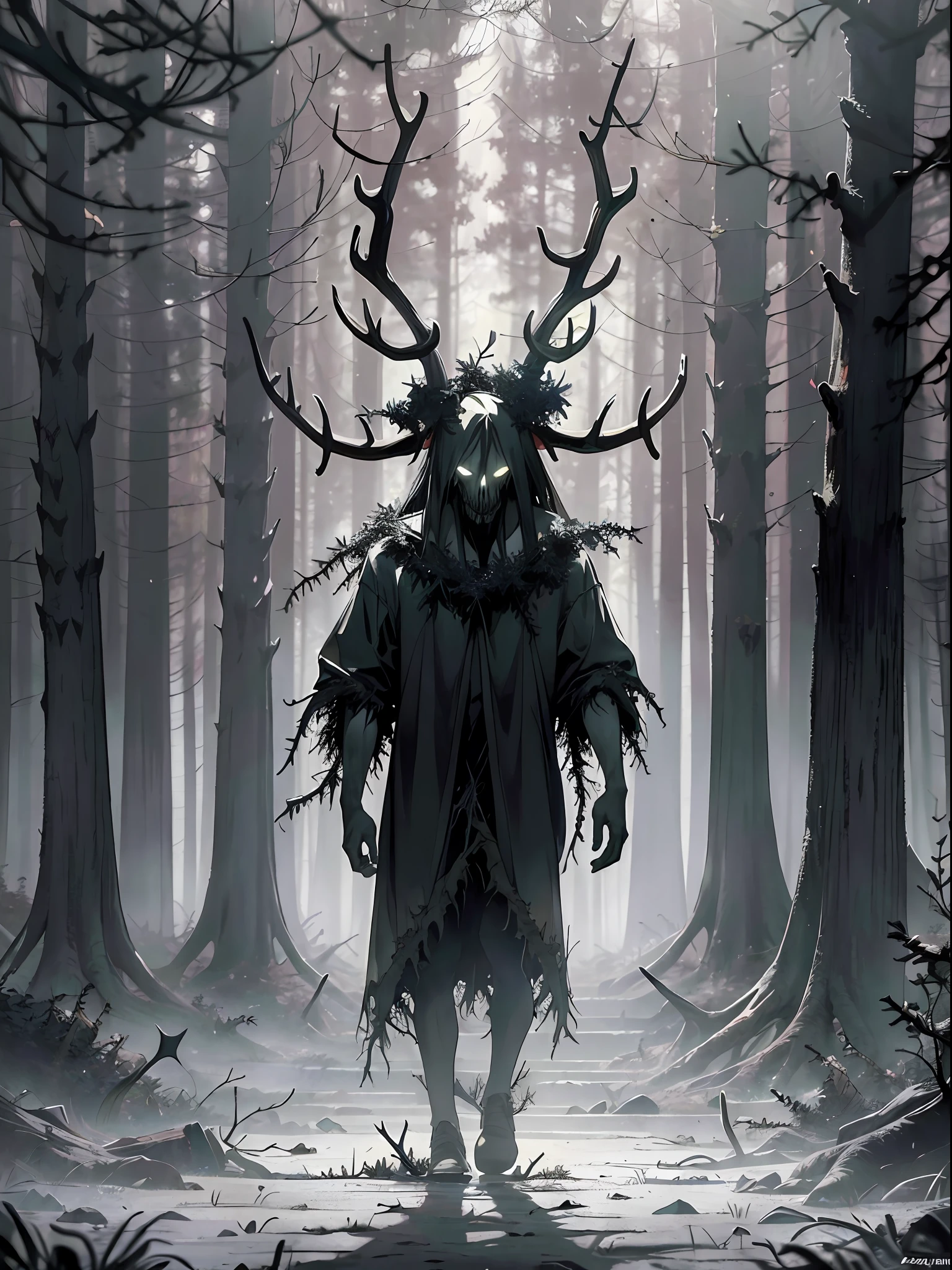 (((Masterpiece))), best quality, ultra-detailed, ((leshy:1.5)), an eerie and creepy ((horror)) scene, set in a (dark forest) of tall trees that are mostly grayscale, with (shadowy figure) depicted as a bipedal and (realistic) ((monster)) or a malevolent ((deity)) with (antlers) and a (deer skull) head.
