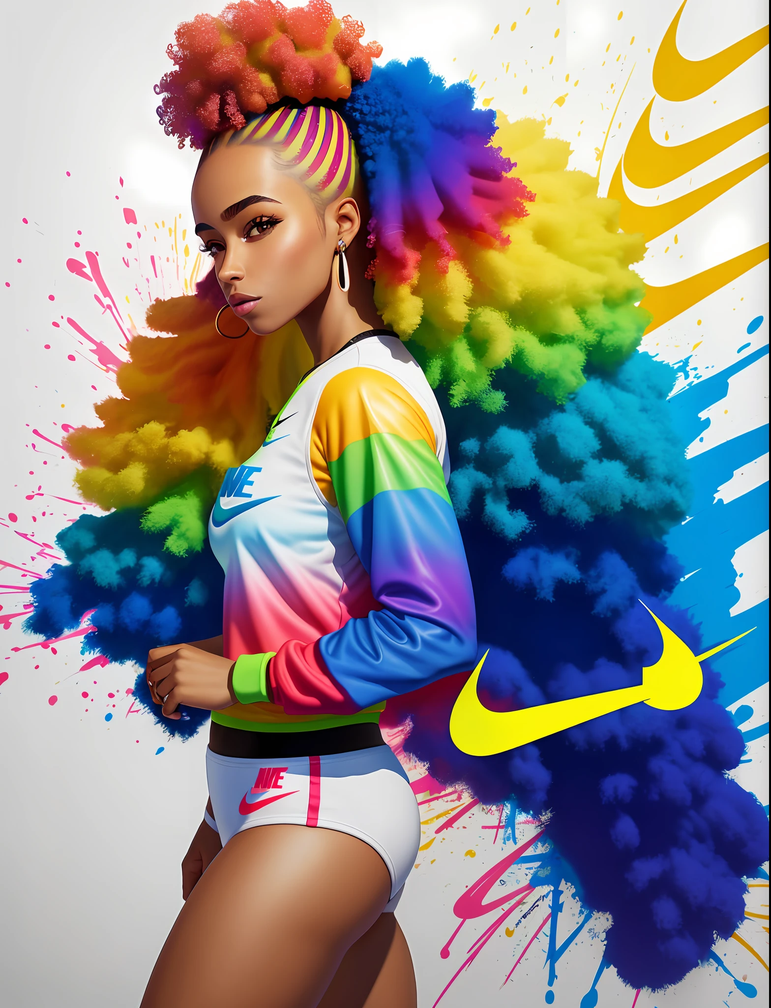 Graffiti painting, street art, 32k extremely detailed CG unit wallpaper, 32k landscape, artwork, masterpiece, best quality, amazing light strokes, of a 25 year old girl, gym (( Athletic)) Afro Brazilian with hair((extra short platinum)) , Tennis ((Nike)) in graffiti style on a white wall with vibrant colors.