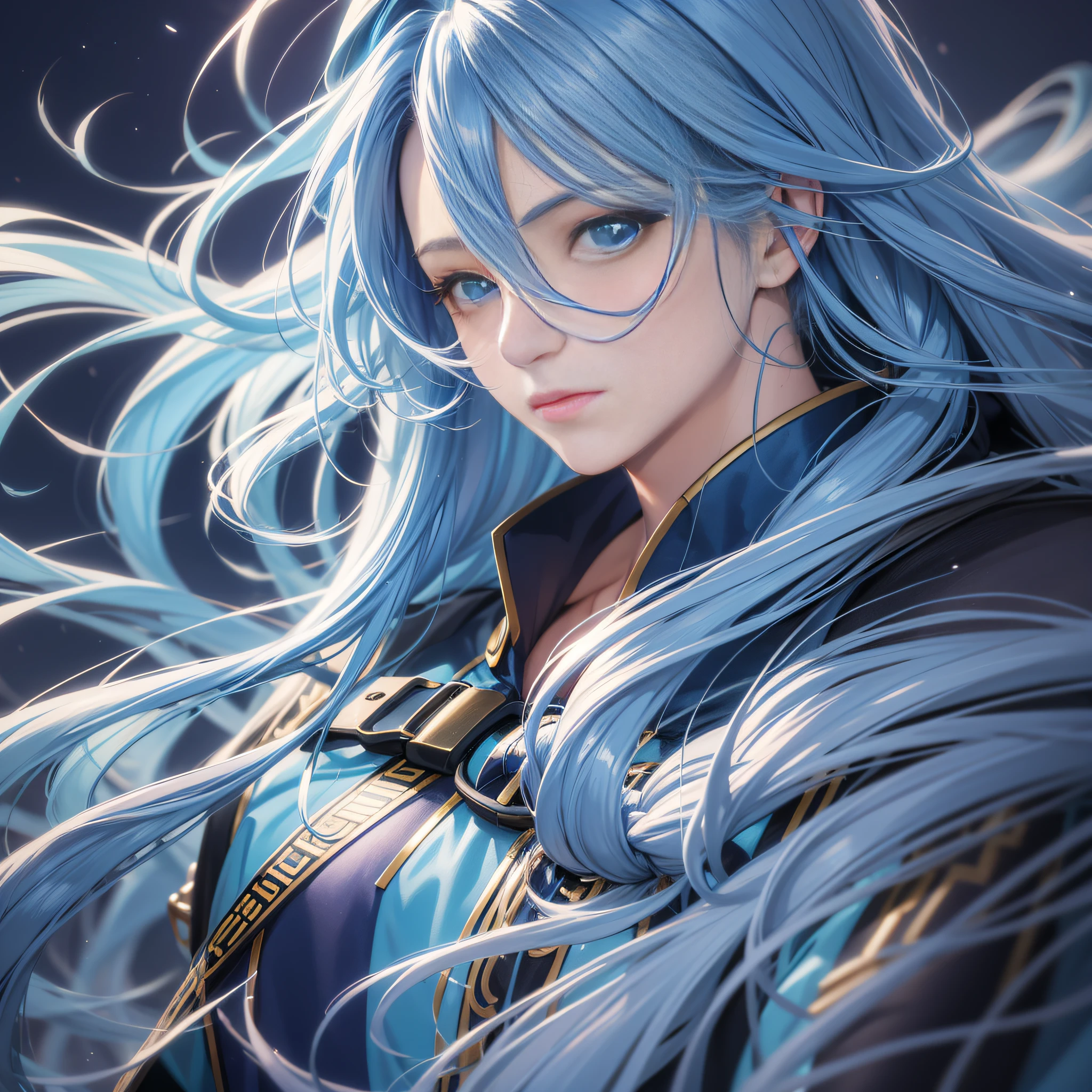 Close-up of a long-haired man in a blue jacket, anime girl with long hair, beautiful anime style, anime style. 8k, blue gradient hair girl, style anime, anime style, realistic anime art style realistic young anime girl, flowing blue gradient hair, anime style, young anime girl
