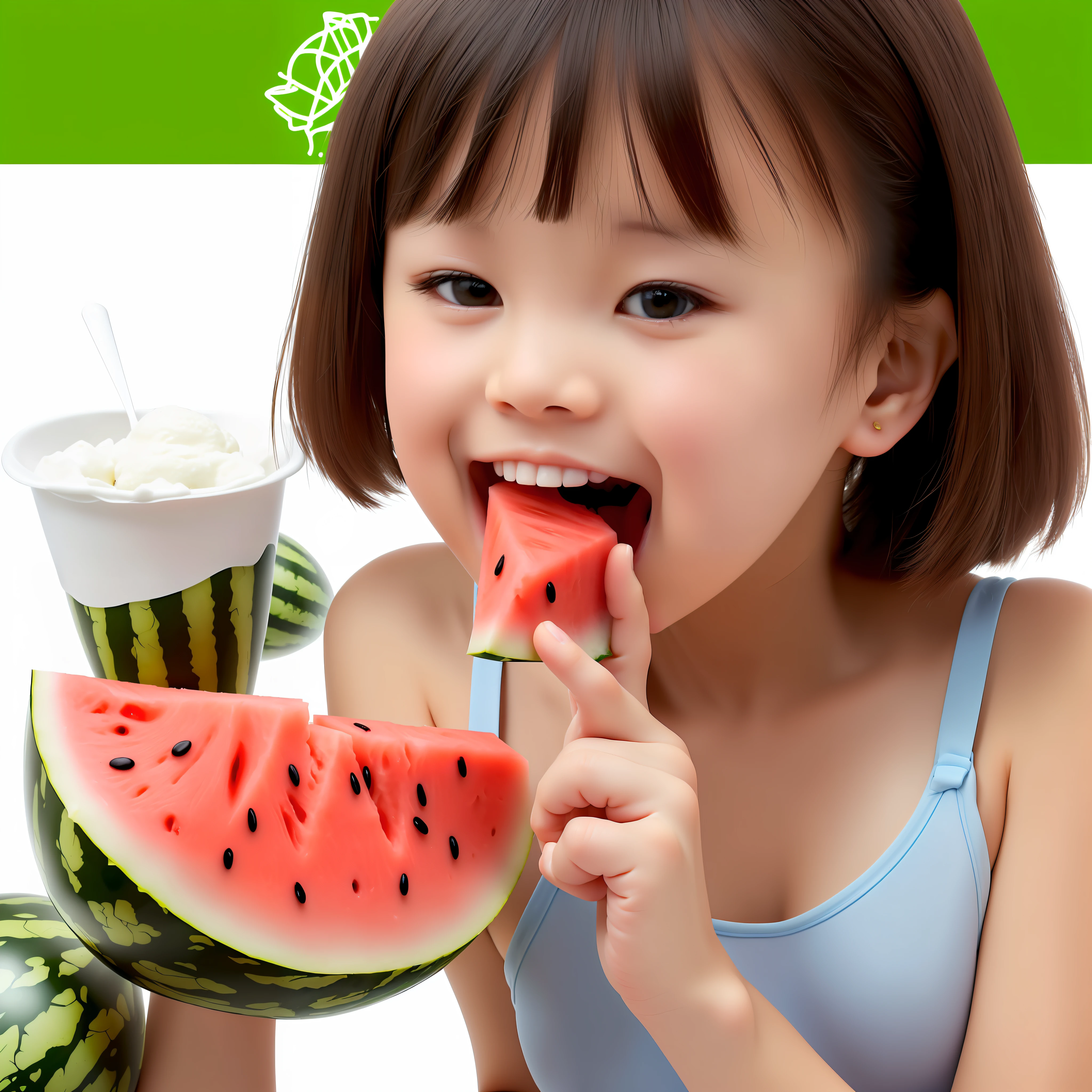 There is a young girl eating a slice of ice cream shaped watermelon, the material is watermelon, a young Japanese girl, optimizing arms, fingers