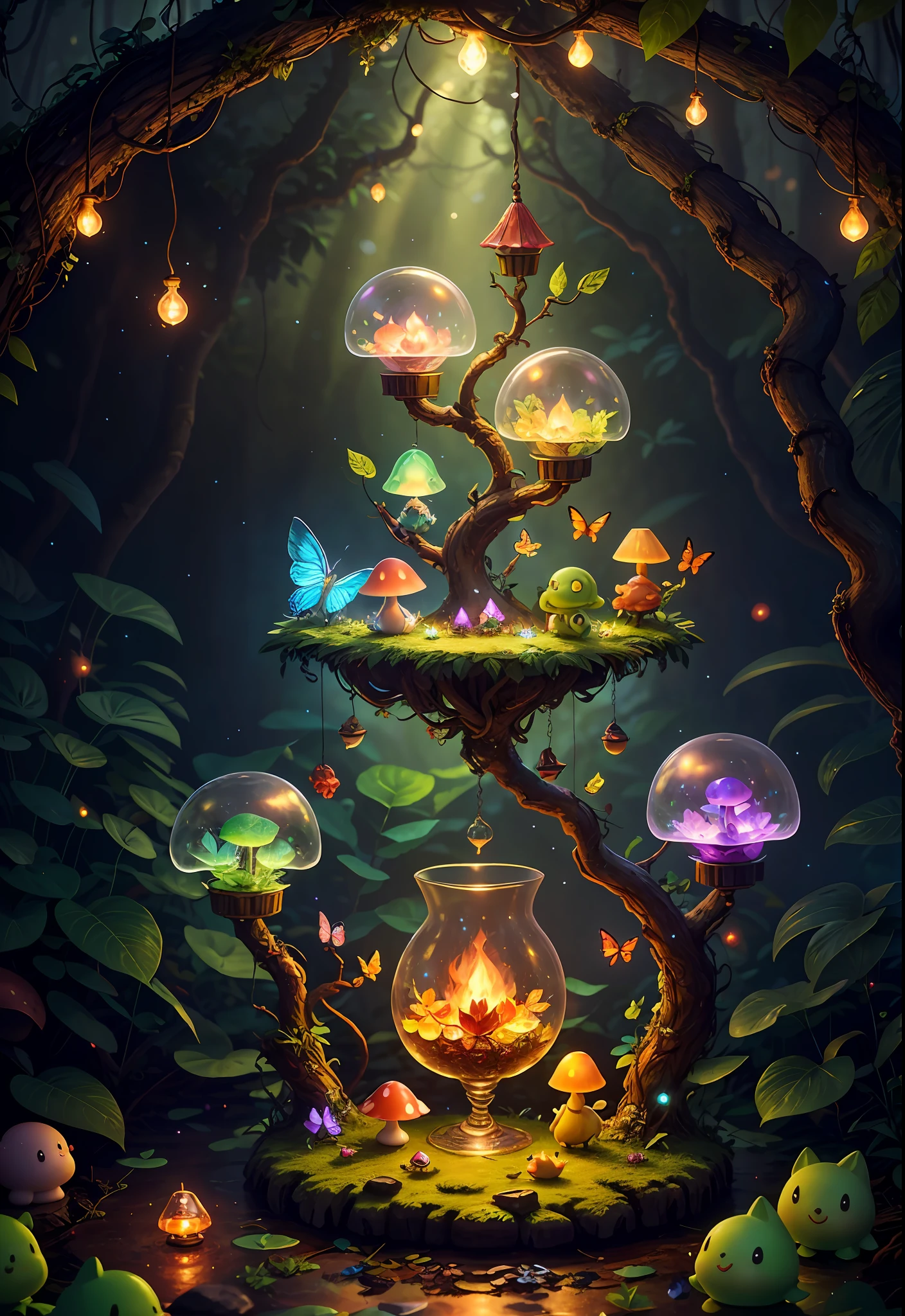 Fantasy in a glass, "Ethereal roses, cute slime animals, glowing little mushrooms surrounded by delicate leaves and branches, and fireflies and glowing particle effects, girl", (natural elements), (jungle theme), (leaves), (branches), (fireflies), butterflies, (delicate leaves), (glow), (particle effects), super realistic, super detailed, dramatic lightning, 4k, masterpiece,