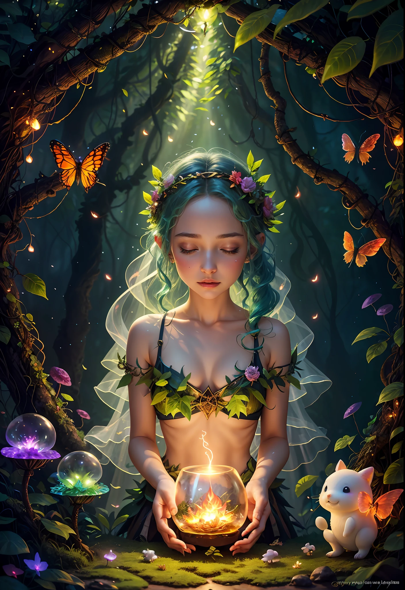 Fantasy in a glass, "Ethereal roses, cute slime animals, glowing little mushrooms surrounded by delicate leaves and branches, and fireflies and glowing particle effects, girl", (natural elements), (jungle theme), (leaves), (branches), (fireflies), butterflies, (delicate leaves), (glow), (particle effects), super realistic, super detailed, dramatic lightning, 4k, masterpiece,