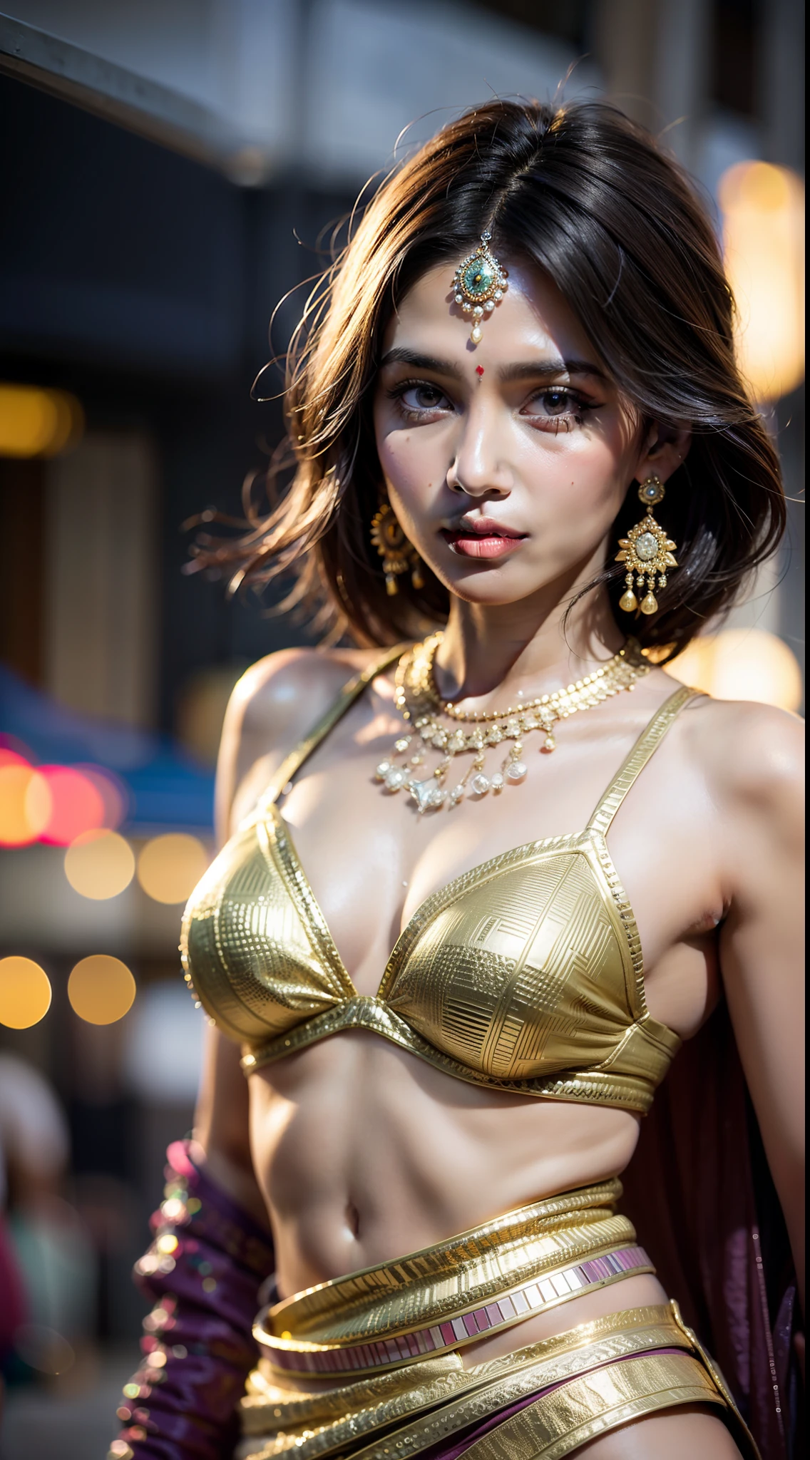 24-28 Years Old bollywood indian female fashion mode,bob hair style,brown skin,dressed Sari,Happy expression on face,at the night market,backlight, extremely realistic, 8k, insane details, intricate details, cinematic color graded,Color Grading, Editorial Photography, Photography,sharp focus, taken with a 60mm lens, ISO 300, f/4, 1/200th