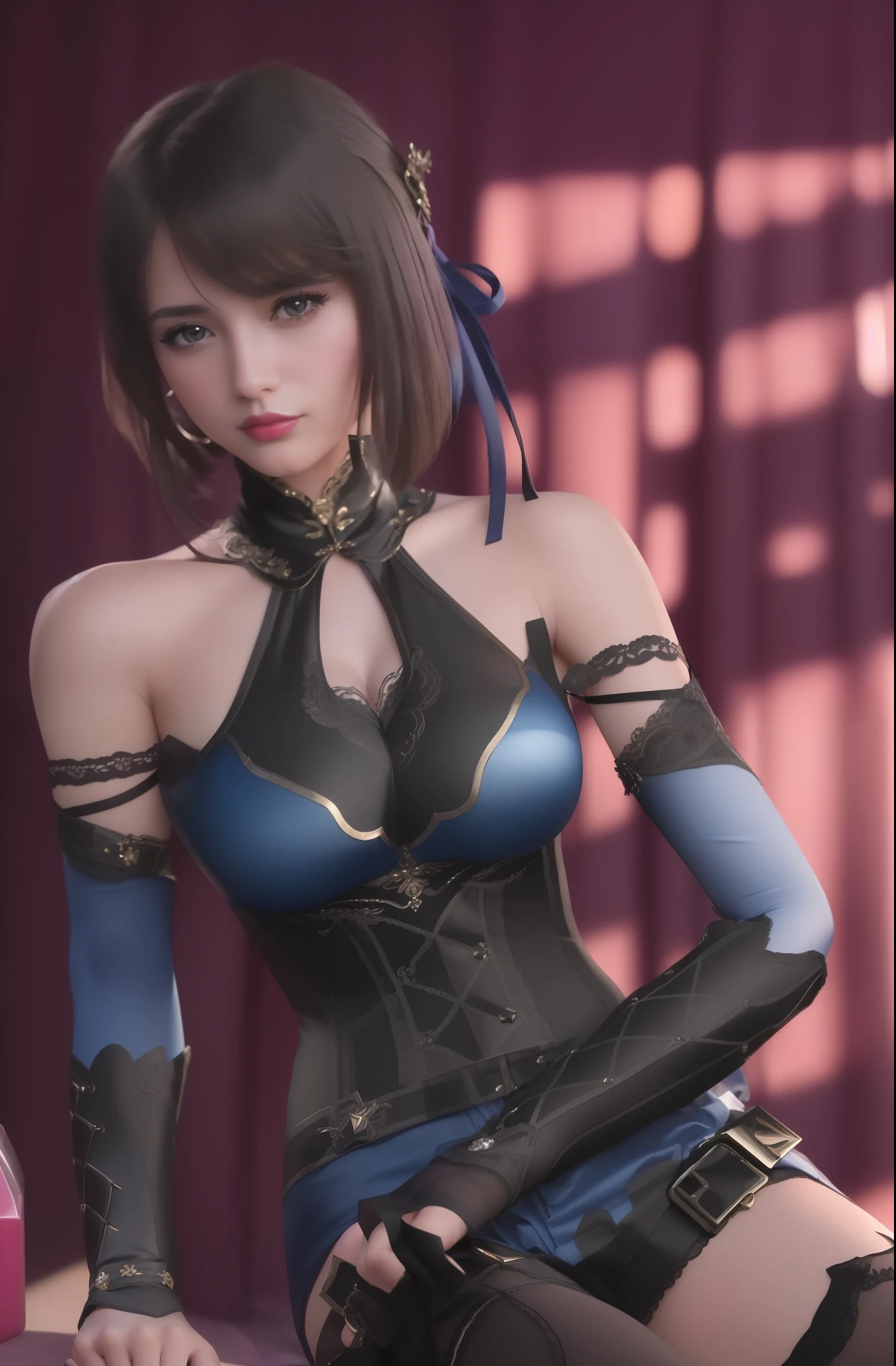 (masterpiece, best quality, extremely detailed 8k, ultra hd, ultra-detailed, highly detailed, highly realistic, ultra-realistic, photo realistic), (1girl:1.5), (detailed realistic skin), (realistic big breasts), (pink lipstick)