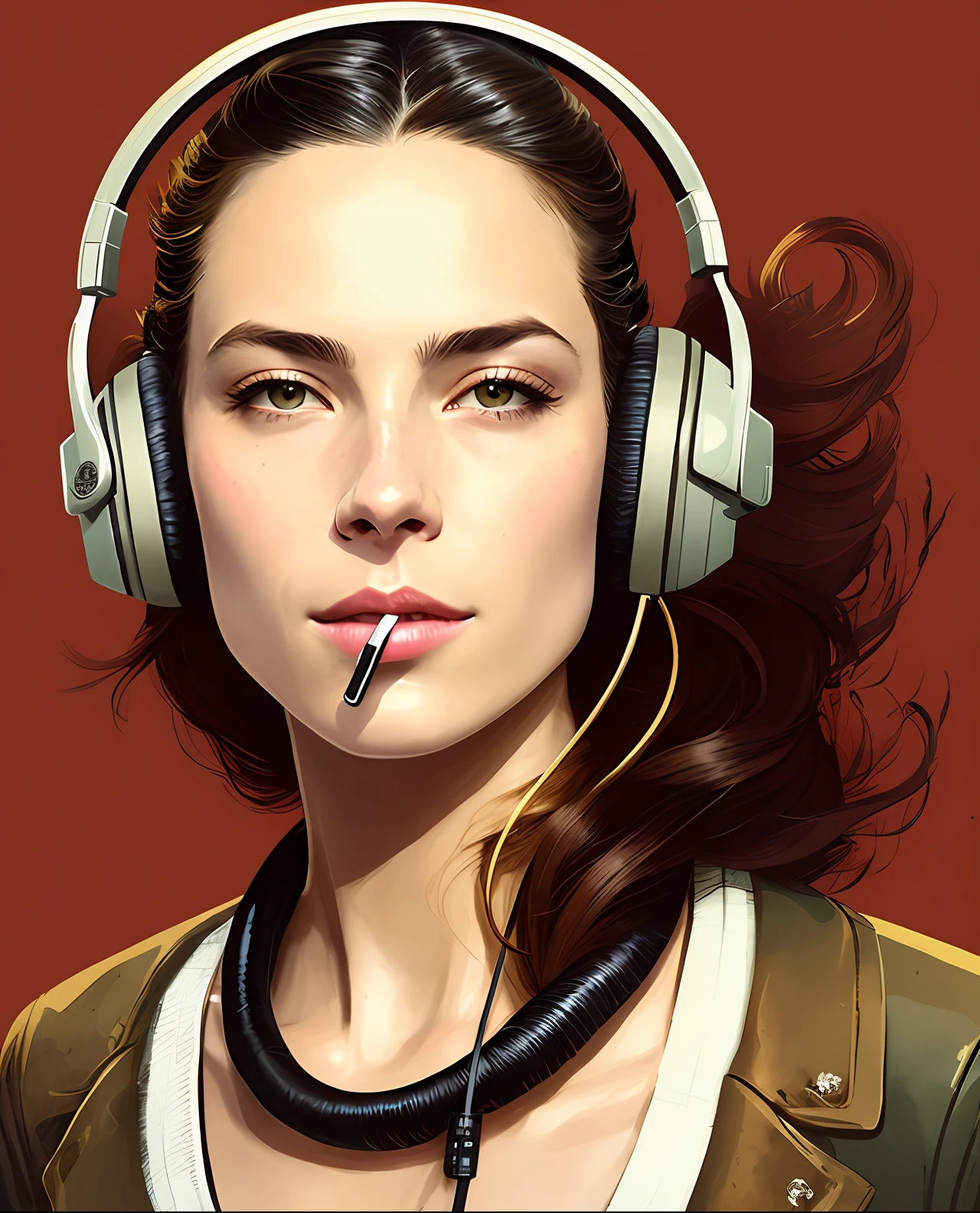 drawing of a woman with headphones and a cigarette in her mouth, inspired by James Montgomery Flagg, sf5 ink style, sf 5 ink style, inspired by Dustin Nguyen, inspired by Enki Bilal, tank girl, inspired by ashley wood, inspired by Gregory Manchess, in travis charest style, ashley wood illustration, enki bilal style