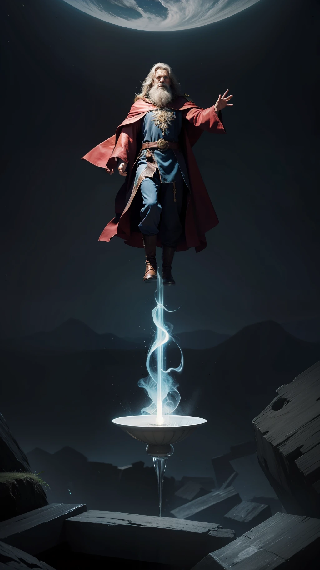 A wizard floating in the air with magic