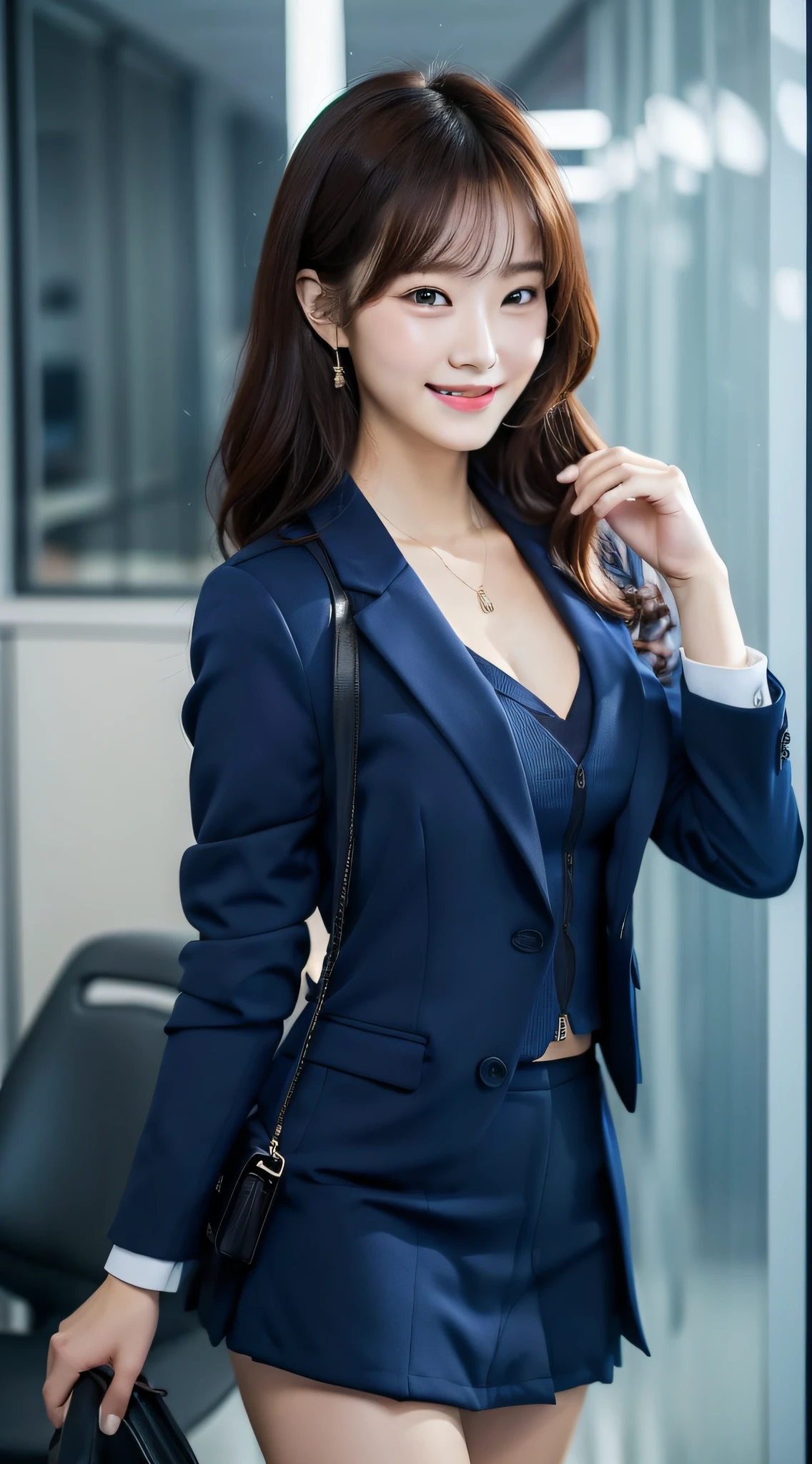 Smile, office, dark blue jacket