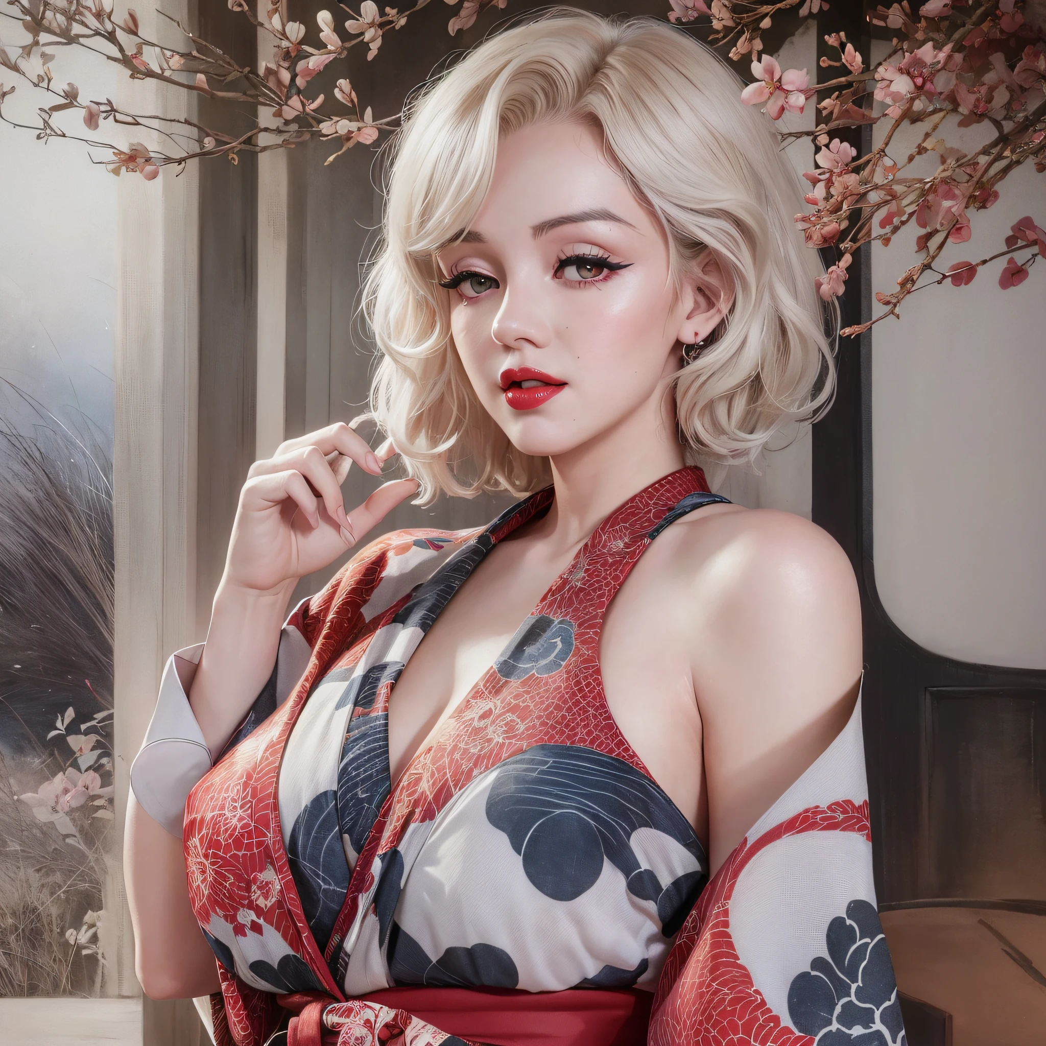 Alafor woman in kimono, ((Beautiful Marilyn Monroe face: 1.6)), one woman, American woman, D cup, Japanese style, Japan traditional pattern kimono, wearing kimono, traditional person, Japanese style, Japanese style, (ink painting of a dragon on the back: 2.8), wearing makeup, red lips, white hair, slender body, wearing long sleeves inside the kimono, ((Bag obi and obijime: 1.8)), bewitching pose, top quality, masterpiece, (Adult: 1.6), (High Definition Skin: 1.4), (RAW Photo, Best Quality), (Realistic, Photorealistic: 1.7), Refreshing Wind, Sun Tea Room Through the Trees, (Detailed Skin), Realistic Texture, Muffled Light, Dense Skin, Optimal ratio of Four Fingers and One Thumb, 46 points of diagonal bangs,