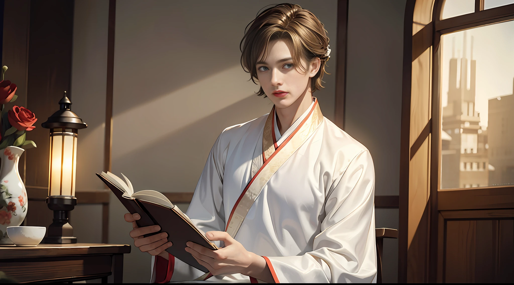 Superb Style, Masterpiece, High Resolution, Handsome Looks, Exquisite Details, High Resolution, Wallpaper, 1 Boy, Solo, ((White Hanfu)), Brown Hair, Short Hair, Hanfu, Hanfu, ((Reading)), Table, Sitting Position, Indoor, Study, 16K, HDR, High Resolution, Depth of Field, (Film Grain: 1.1), Golden Hour, (Lens Glow), (Color Grading: 1.5) Half, Lantern