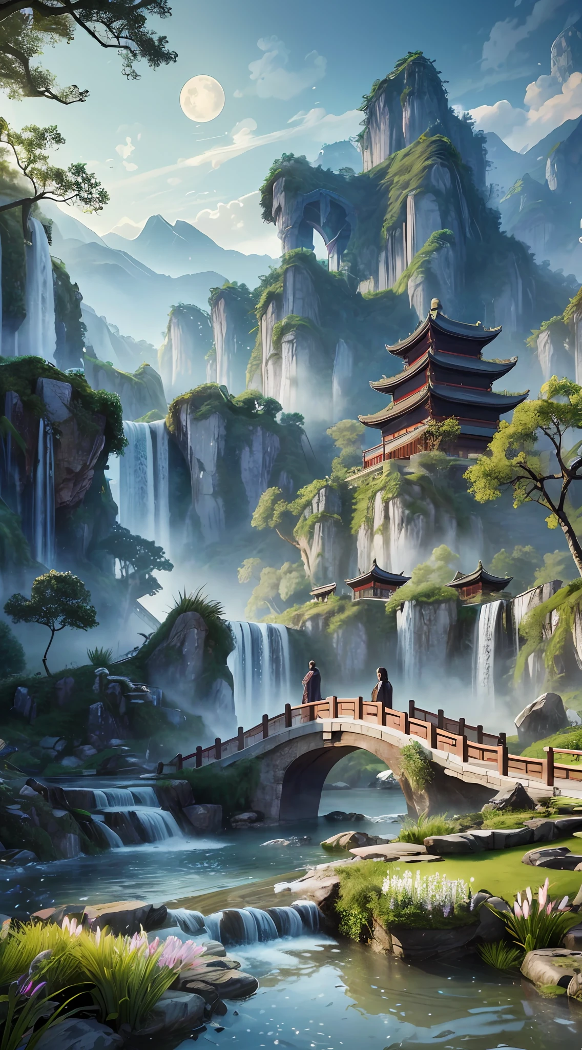 9:16 Full picture, ancient Chinese architecture, beautiful Chinese women in silk robes, hazy moon, night, garden, bamboo, lake, stone bridge, rockery, arch, corner, rockery, tree, running water, landscape, outdoor, waterfall, grass, rock, water lily, hot spring , Water Vapor, (Illustration: 1.0), Epic Composition, Detail Enhancement, Detail Enhancement. Realistic lighting, HD details, masterpiece, best quality, (very detailed CG unity 8k wallpaper), (best quality)
