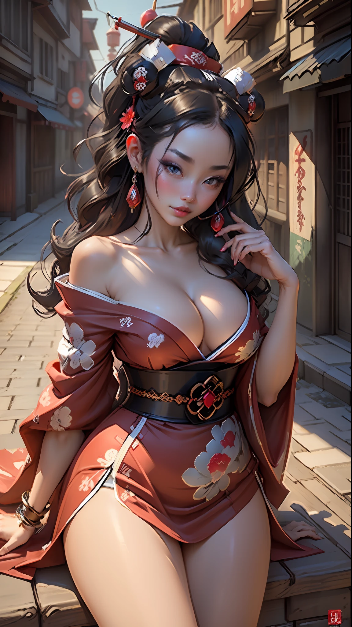 ((Best quality)), ((masterpiece)), (highly detailed:1.3), 3D, beautiful geisha with thick voluminous hair, red light district and blue background