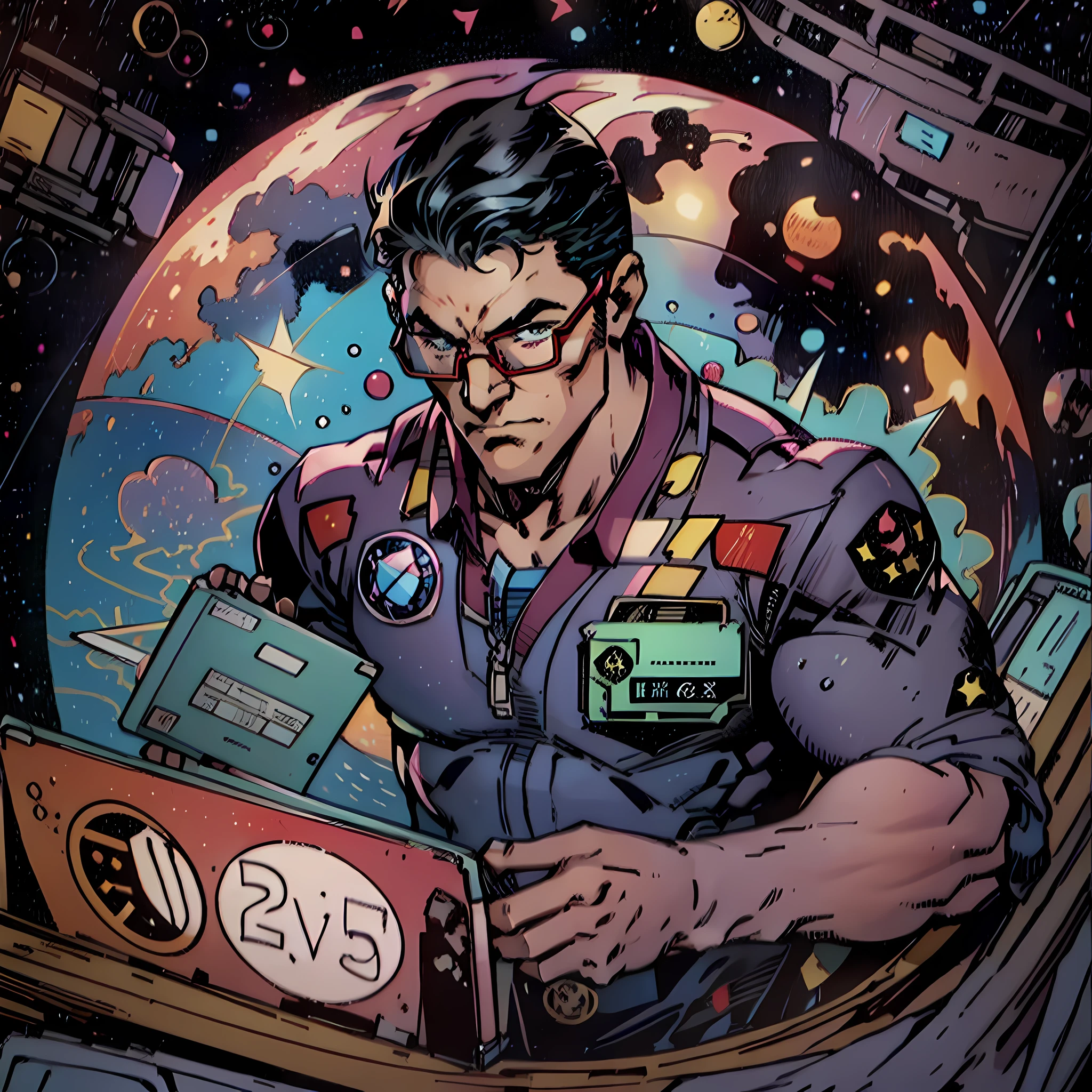 draw a muscular man, middle aged, holding a laptop, wearing glasses, wearing a uniform, on a space station, anime --auto --s2