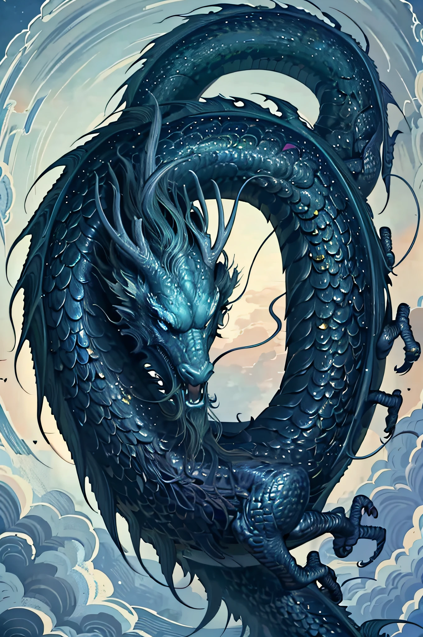 logo, masterpiece, (on a black background: 1) chinese jade-colored dragon, surrounded by lightning and clouds, a chinese sword, a spear, chinese faction staff stuck together in the ground below the dragon, wind, god, long wavy body, fangs, fantasy, mythical, high quality, highly detailed, masterpiece, epic, particle effect, dynamic effect, wide scene, nothing distorted,  perfect anatomy,