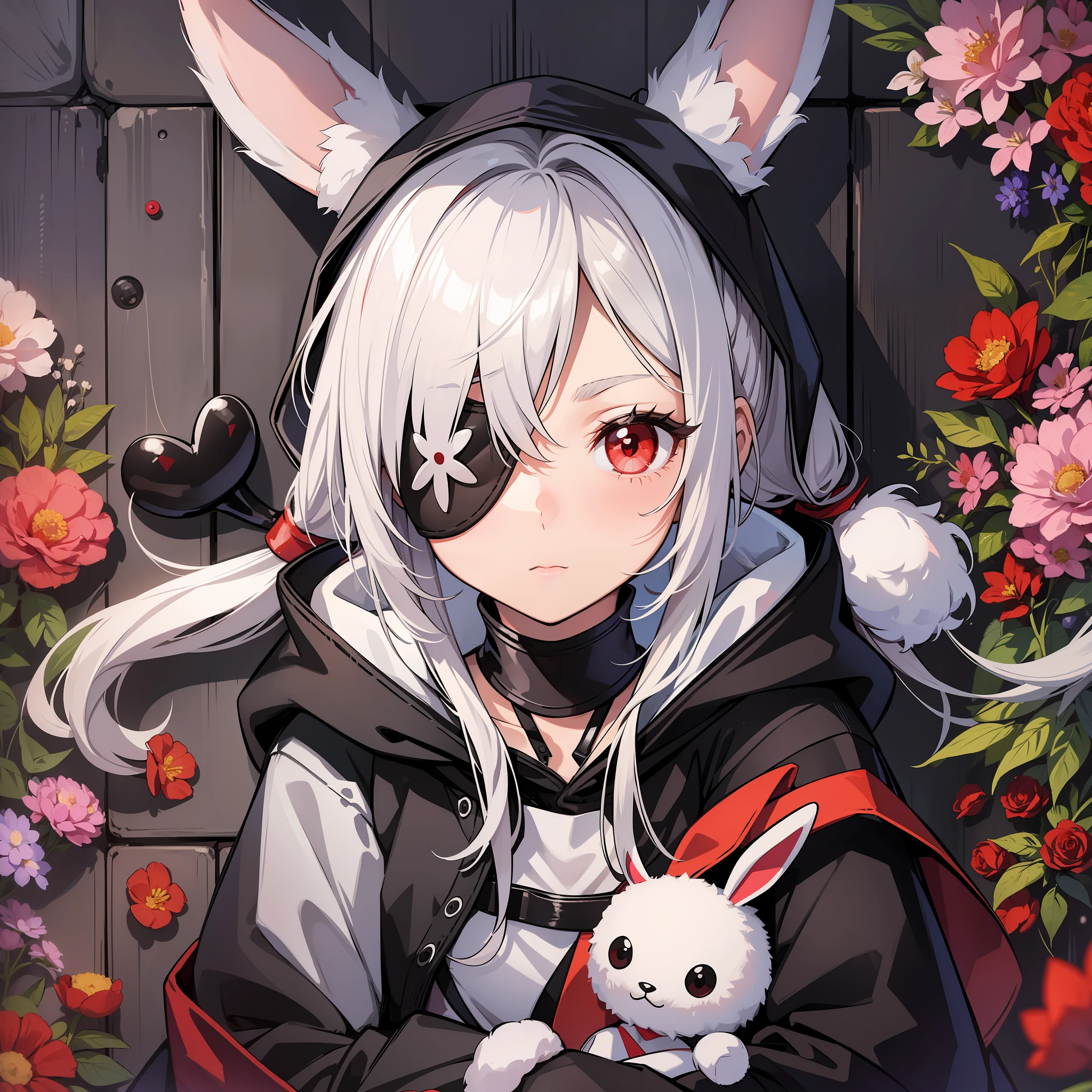 One girl, wearing one white eyepatch, holding a stuffed bunny, short white hair in two pigtails l, With a Hood, bunny ear accessories, Wearing a white short dress, red eyes, Lying in a pile of flowers