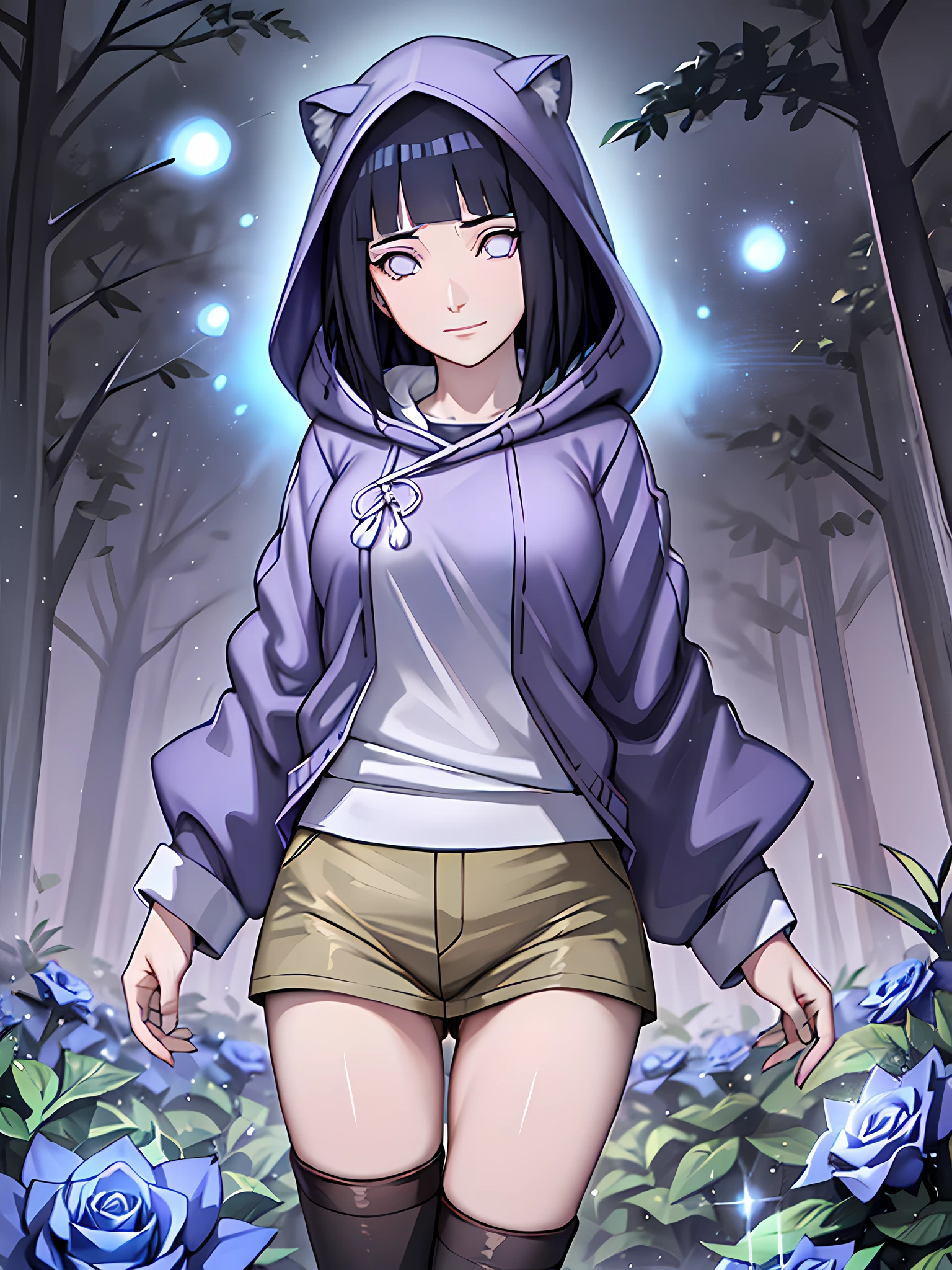 immersed in a fantasy world), surrounded by a (magnificent blue rose field), (illuminated by the best lighting), in stunning HD 4K quality. Experience the (magical atmosphere) like never before, noite, lua cheia, tons de azul, hinata\(boruto\)
purple hoodie
brown pants,