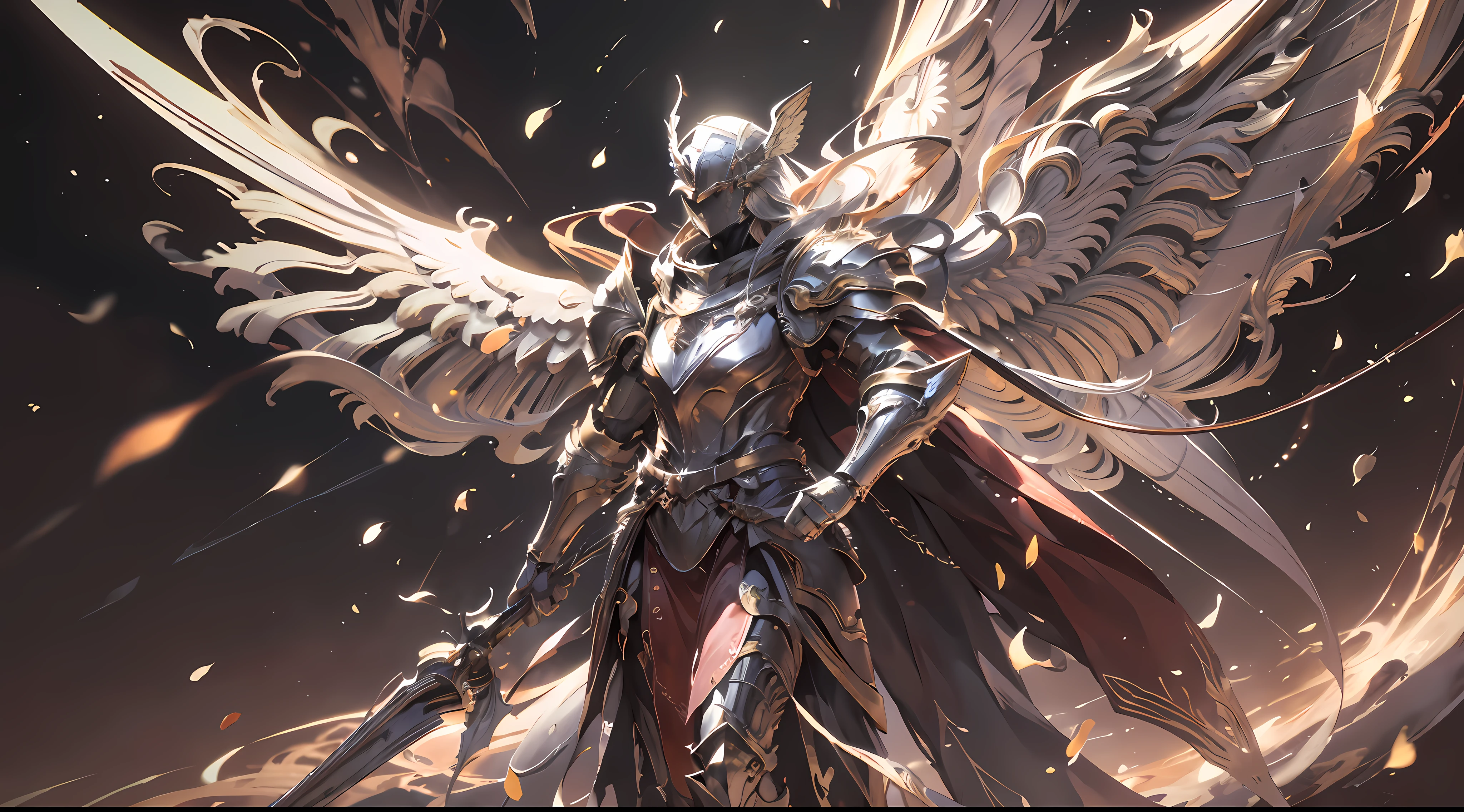 Cover of pure white Holy Spirit Archangel Valkyrie armor, red cape swaying in the wind, battle stance diagram, helmet covering eyes, mechanical six-winged holy light wings, fluttering effect, realistic effect, radiation, close-up, 3D, chiaroscuro, luminescence, ray tracing, reflected light, masterpiece, UHD, award-winning, high resolution, highest definition and clarity, panorama