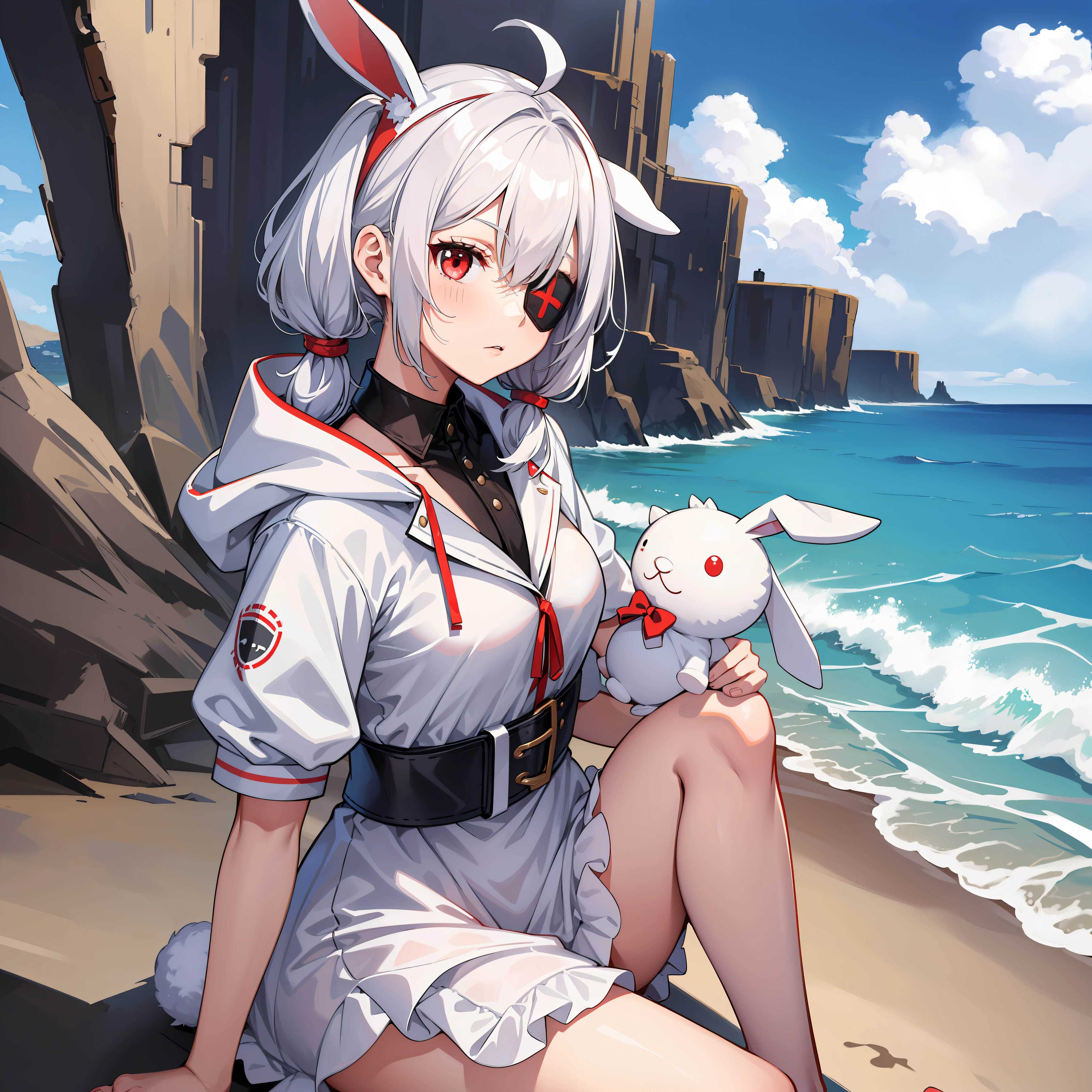One girl, wearing one white eyepatch, holding a stuffed bunny, short white hair in two pigtails l, With a Hood, bunny ear accessories, Wearing a white short dress, red eyes, Staring at the beach in midnight