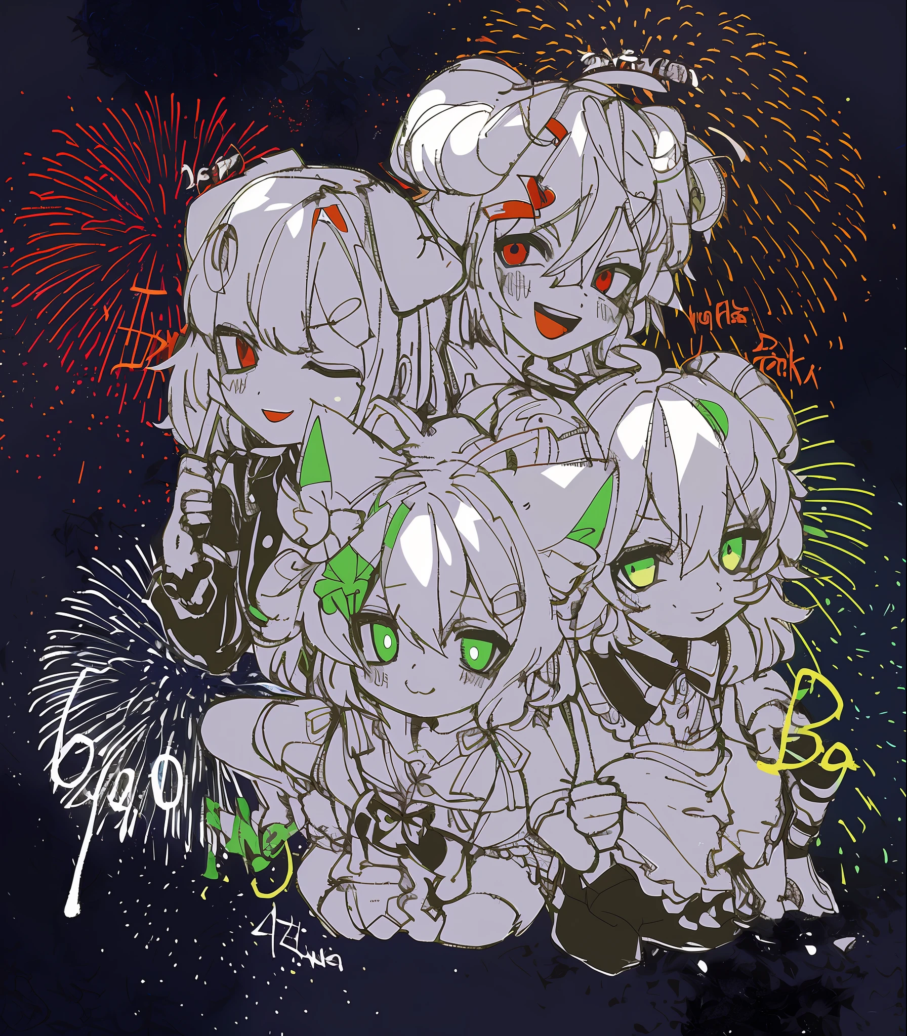 anime characters sitting on a pile of fireworks with a happy new year message, happy!!!, [ fireworks in the sky ]!!, zerochan art, from touhou, zerochan, touhou project official artwork, fireworks, firework, by Ei-Q, by Kamagurka, touhou, kantai collection style, touhou project, demon slayer artstyle