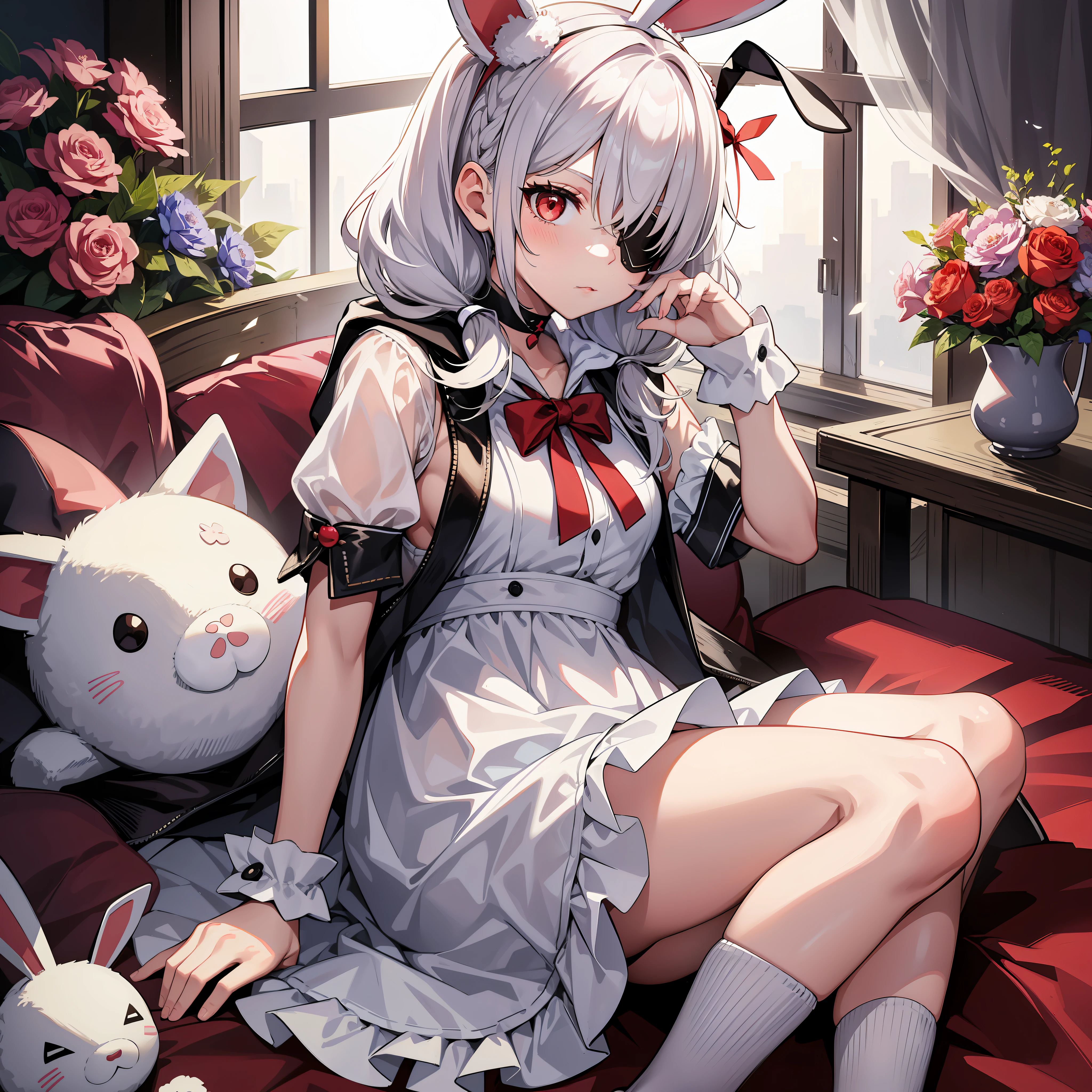 One girl, wearing one white eyepatch, holding a stuffed bunny, short white hair in two pigtails l, With a Hood, bunny ear accessories, Wearing a white short dress, red eyes, Lying in a pile of flowers