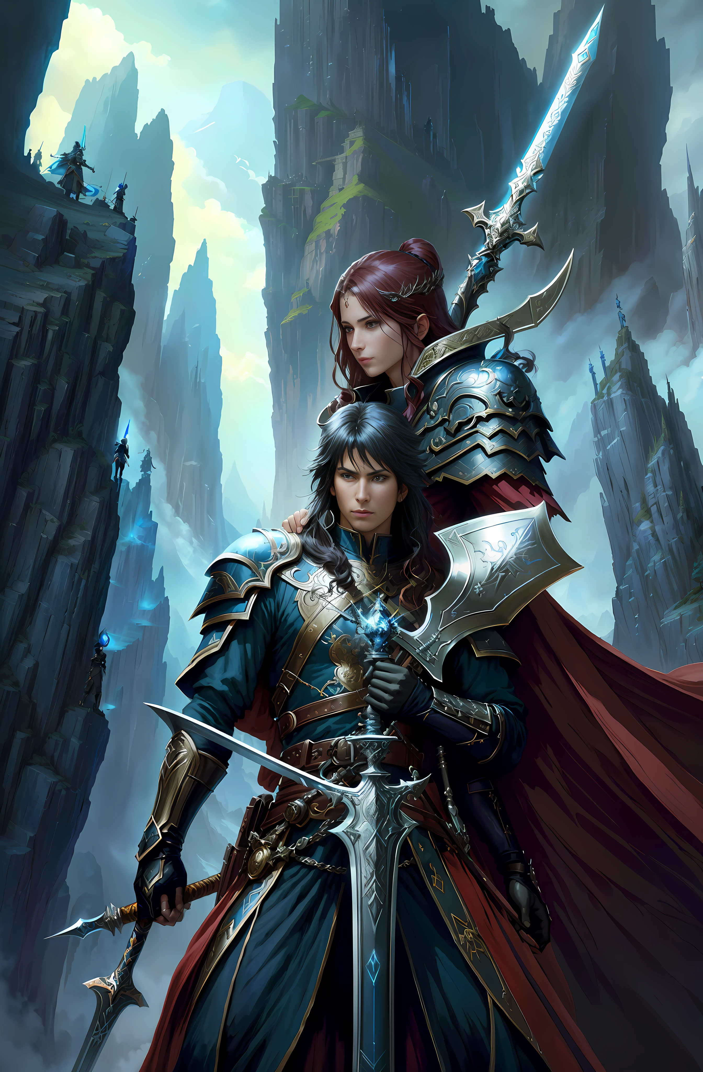 arafed image of a couple of people with swords in a mountain, 2. 5 d cgi anime fantasy artwork, abaddon and magali villeneuve, epic fantasy style art, donato giancola and tom bagshaw, jeff easley and ross tran, epic fantasy digital art style, detailed digital 2d fantasy art, marc simonetti and sakimicha