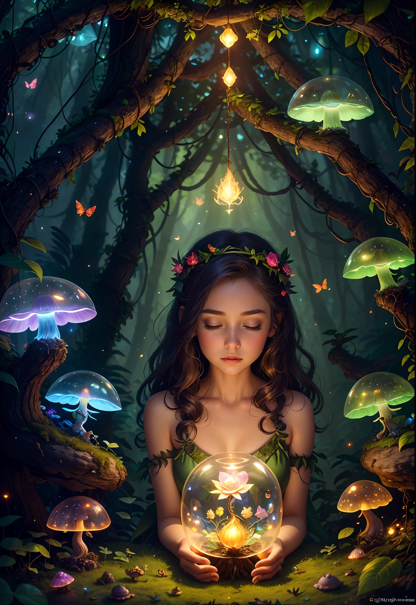 Fantasy in a glass, "Ethereal roses, cute slime animals, glowing little mushrooms surrounded by delicate leaves and branches, and fireflies and glowing particle effects, girl", (natural elements), (jungle theme), (leaves), (branches), (fireflies), butterflies, (delicate leaves), (glow), (particle effects), super realistic, super detailed, dramatic lightning, 4k, masterpiece,