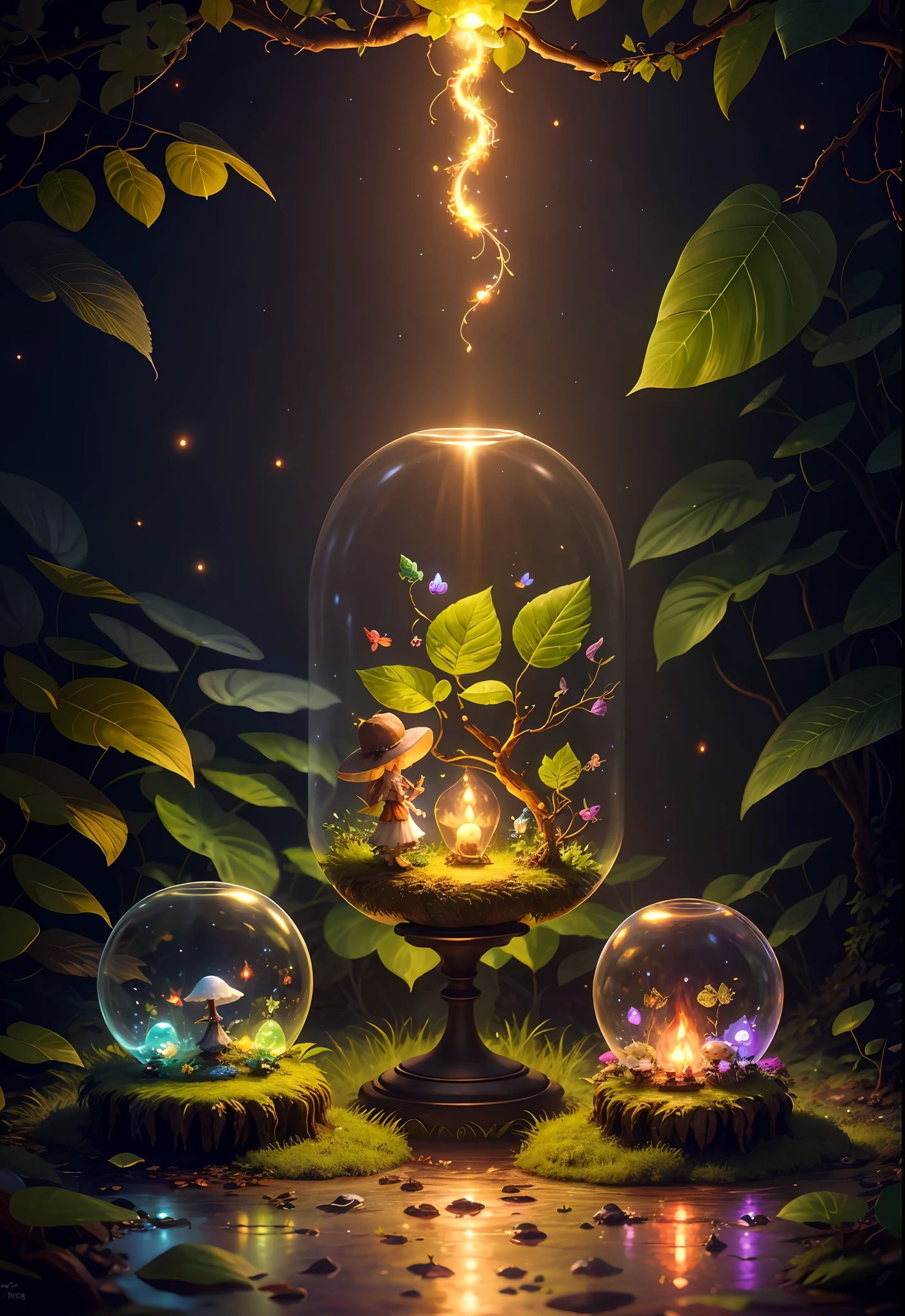 Fantasy in a glass, "Ethereal roses, cute slime animals, glowing little mushrooms surrounded by delicate leaves and branches, and fireflies and glowing particle effects, girl", (natural elements), (jungle theme), (leaves), (branches), (fireflies), butterflies, (delicate leaves), (glow), (particle effects), super realistic, super detailed, dramatic lightning, 4k, masterpiece,