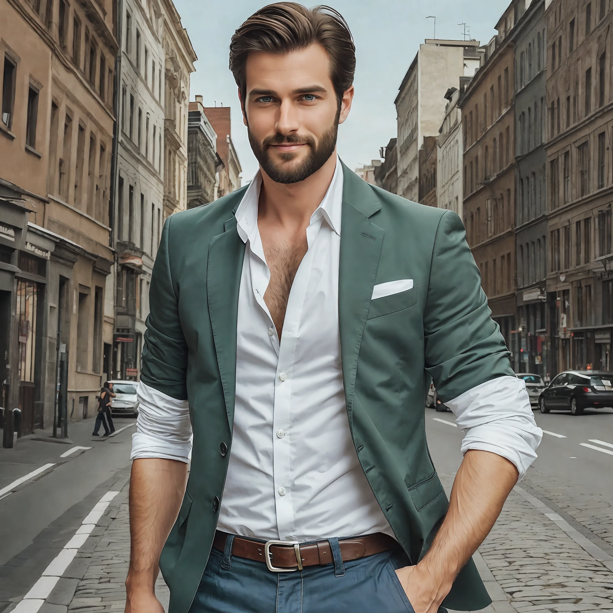 A man in his 30s, with brown hair, green eyes and an unshaven beard. He has a handsome face, with striking features and a charming smile. He wears a white shirt, jeans and a black blazer, with a casual and elegant style. He looks at the camera with a confident and seductive expression. He is in an urban setting, with buildings and cars in the background, showing that he is a cosmopolitan and traveled, hyper-realistic man --auto --s2